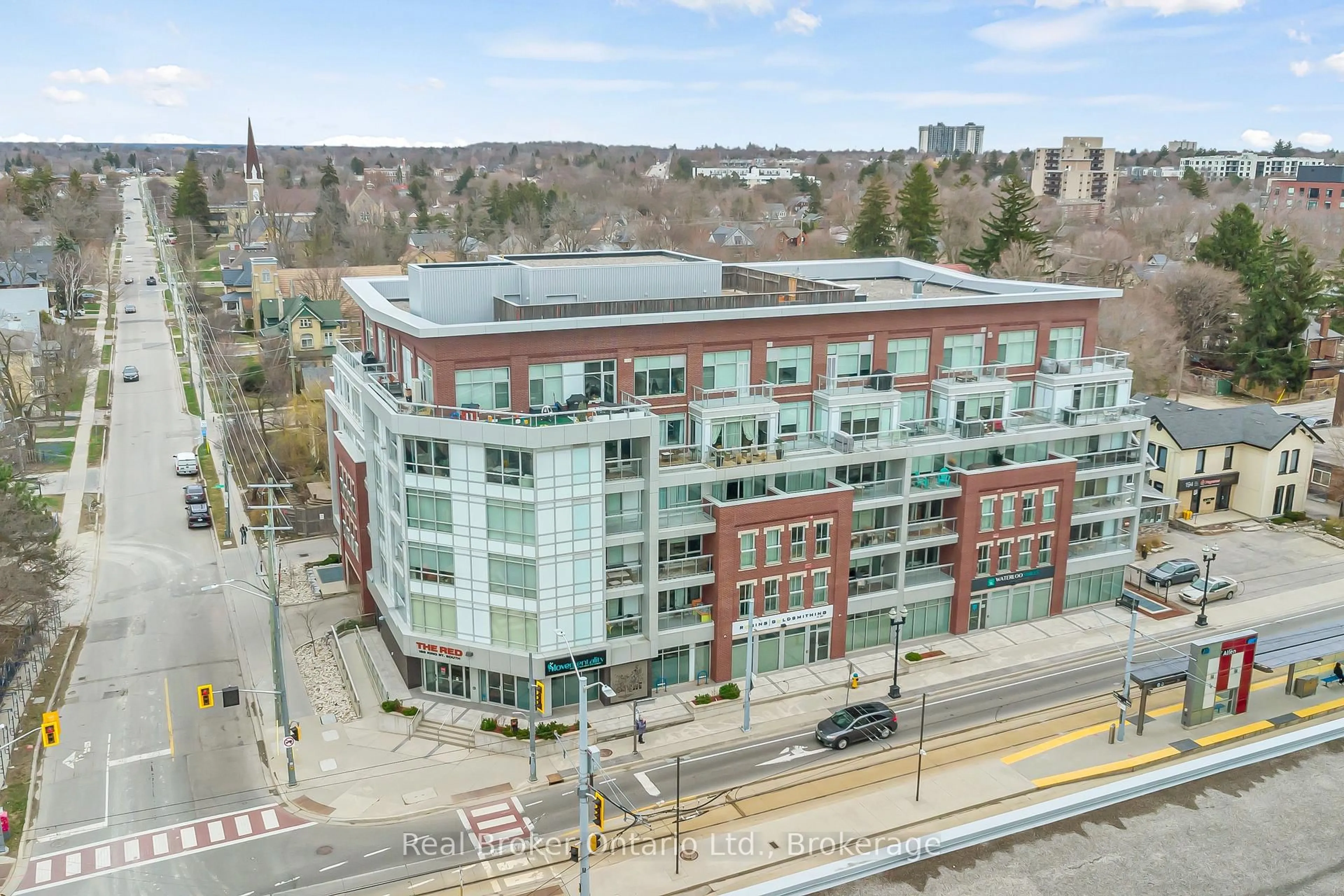 A pic from outside/outdoor area/front of a property/back of a property/a pic from drone, building for 188 King St #214, Waterloo Ontario N2J 0C6