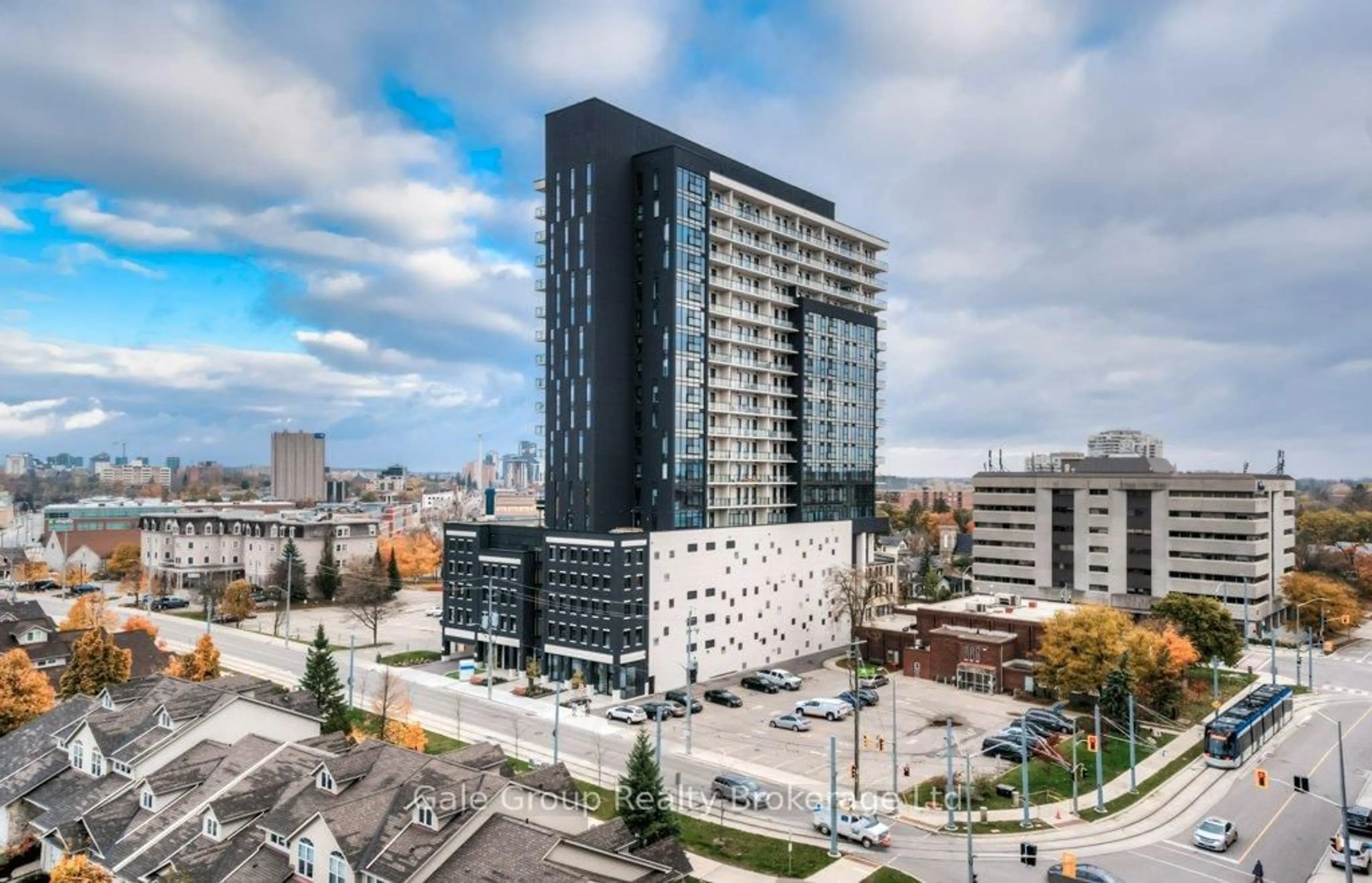A pic from outside/outdoor area/front of a property/back of a property/a pic from drone, city buildings view from balcony for 181 King St #1410, Waterloo Ontario N2J 1P7