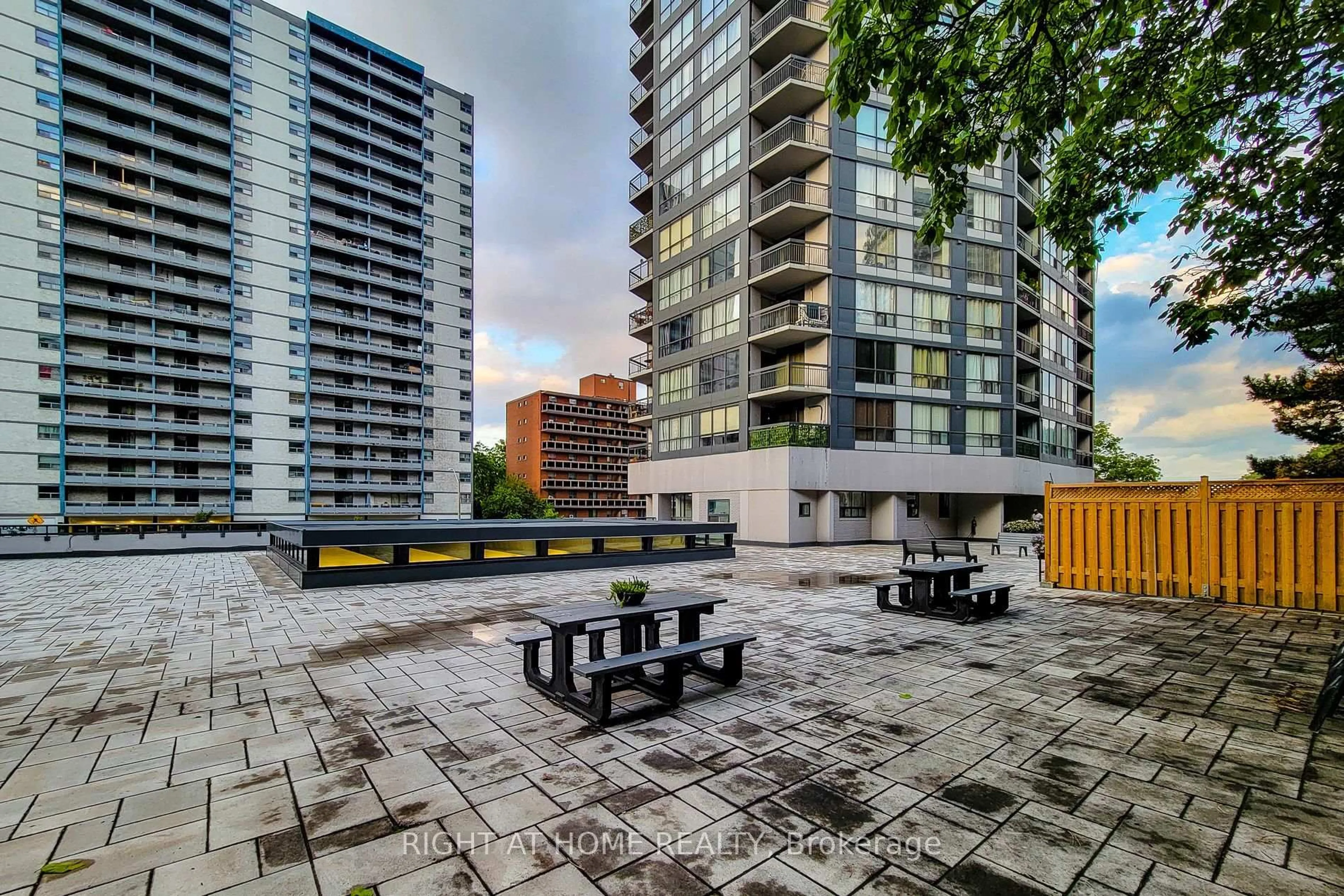 Patio, city buildings view from balcony for 150 Charlton Ave #601, Hamilton Ontario L8N 3X3
