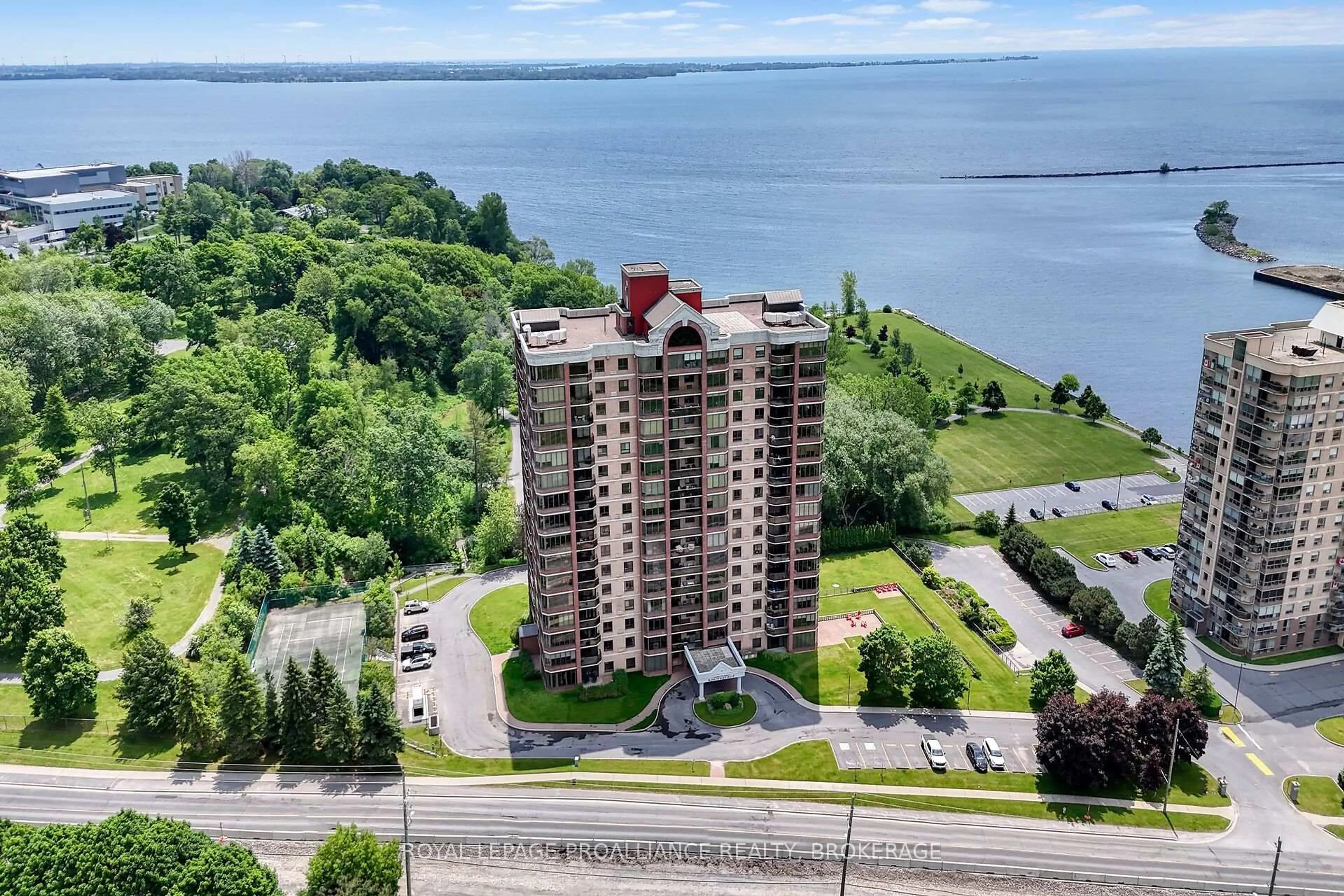 A pic from outside/outdoor area/front of a property/back of a property/a pic from drone, water/lake/river/ocean view for 1000 King St #1201, Kingston Ontario K7M 8H3