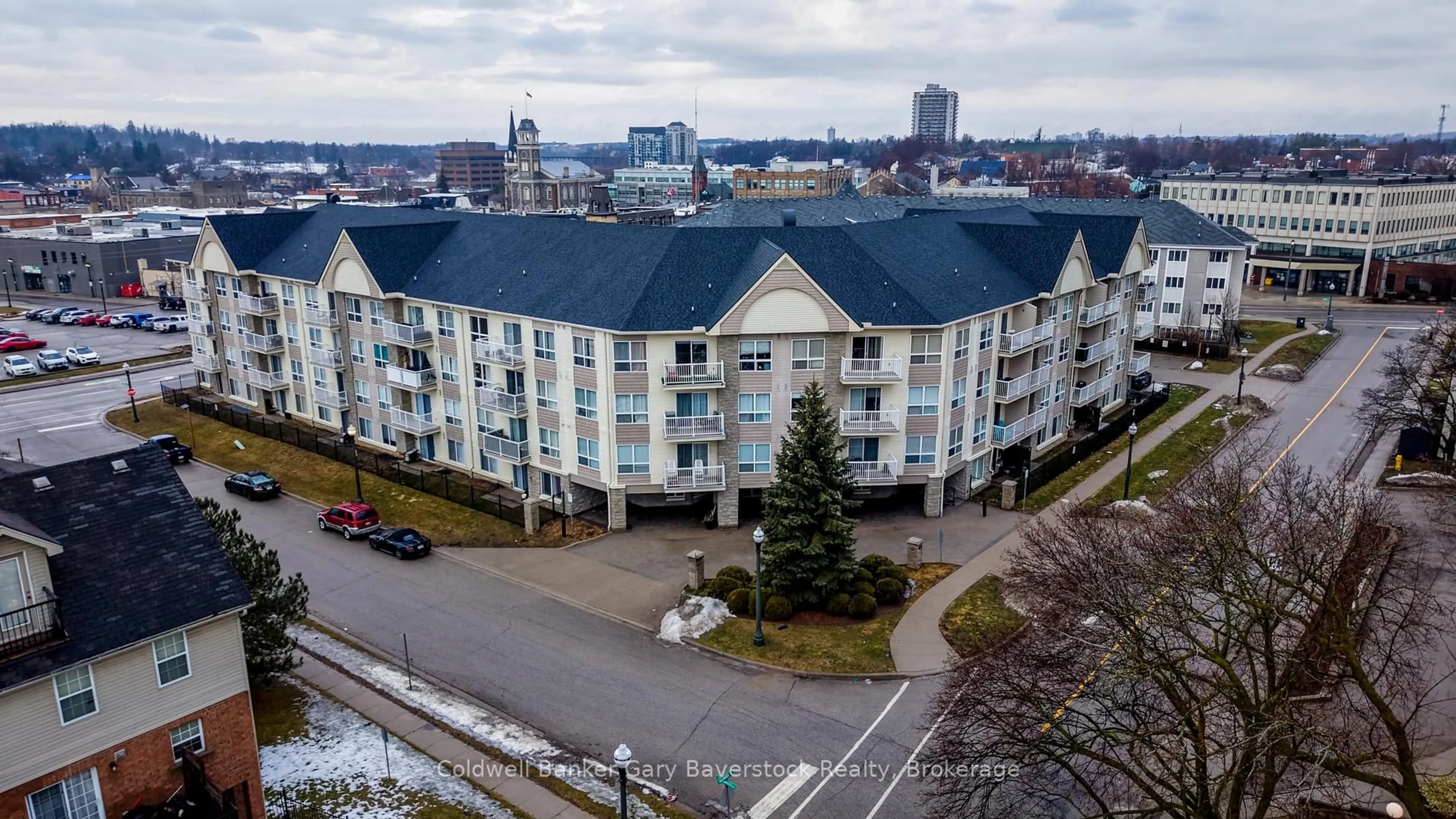 A pic from outside/outdoor area/front of a property/back of a property/a pic from drone, city buildings view from balcony for 8 Harris St #420, Cambridge Ontario N1R 8R1