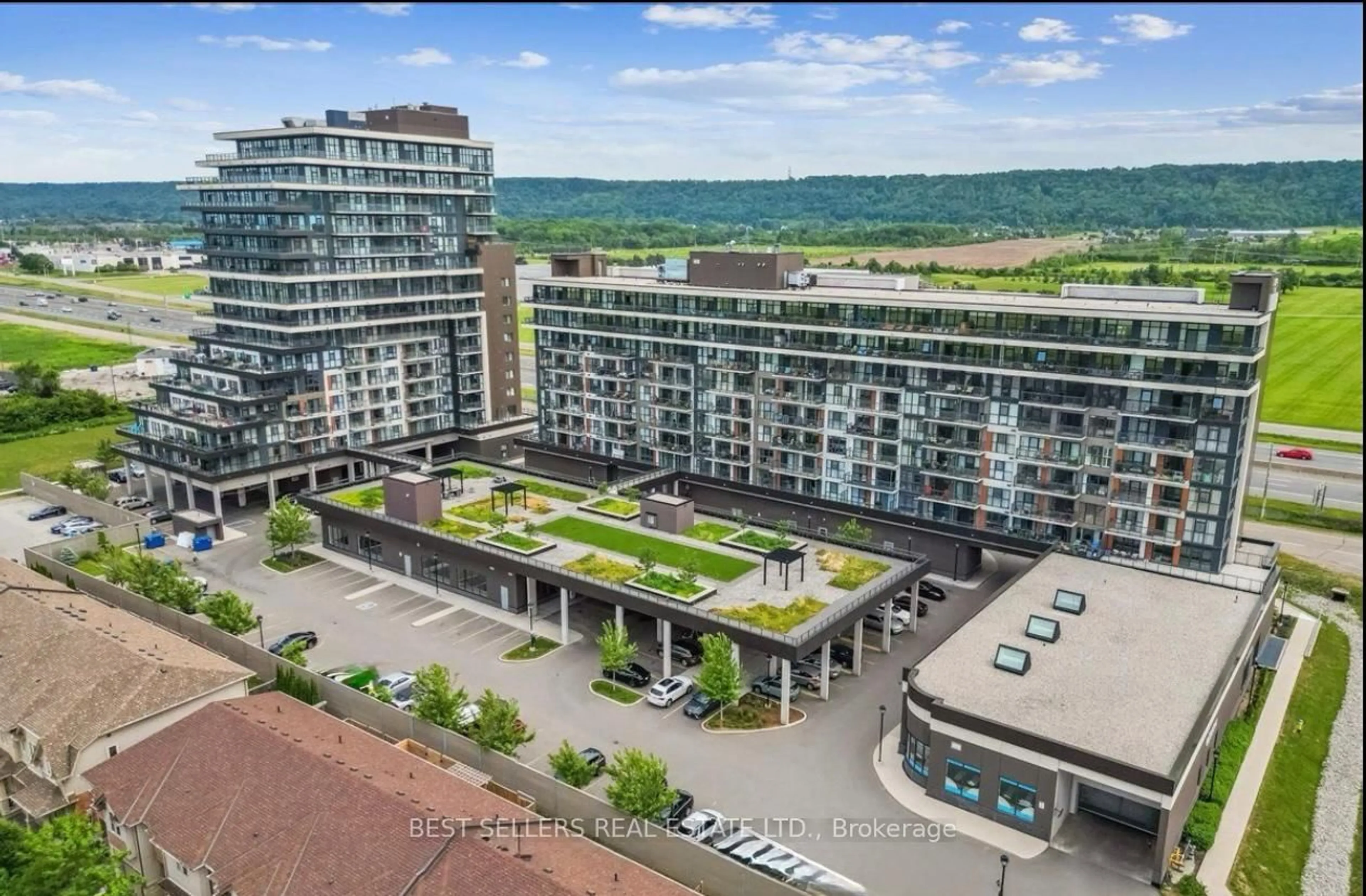 Patio, city buildings view from balcony for 550 North Service Rd #607, Grimsby Ontario L3M 4E8