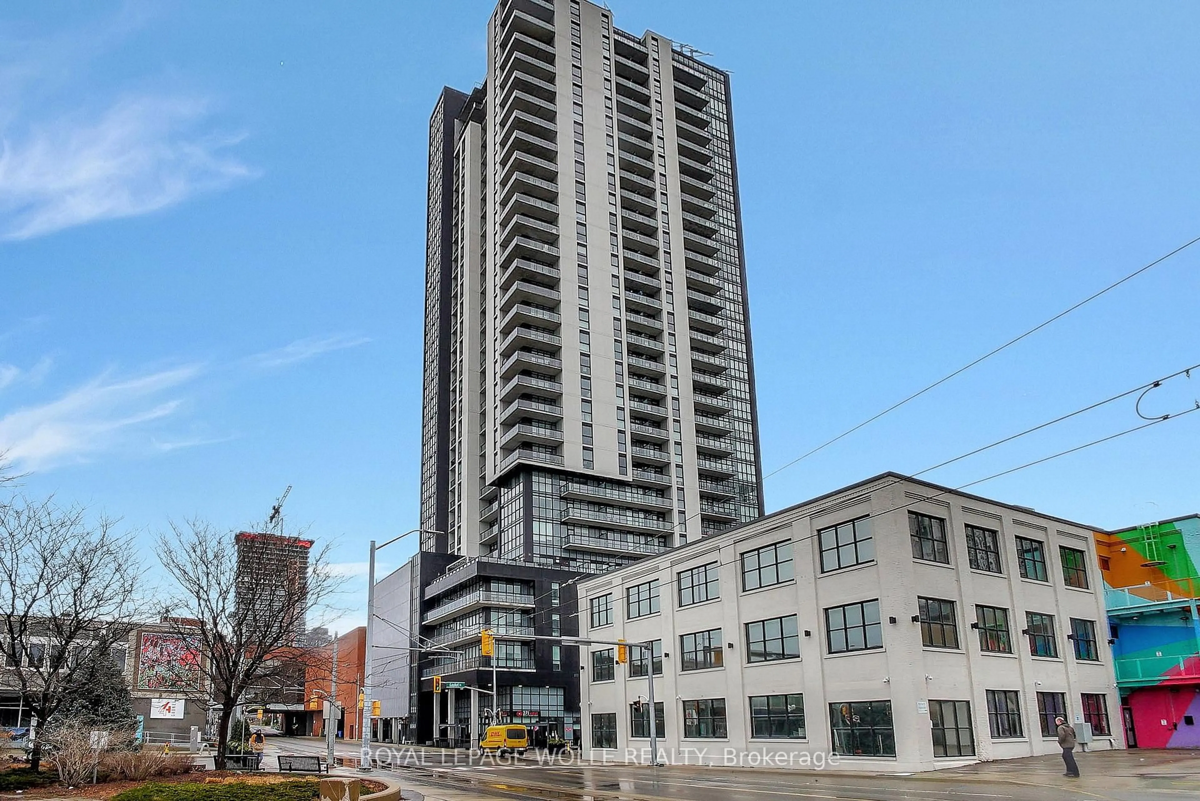 Patio, city buildings view from balcony for 60 Charles St #1904, Kitchener Ontario N2G 0C9