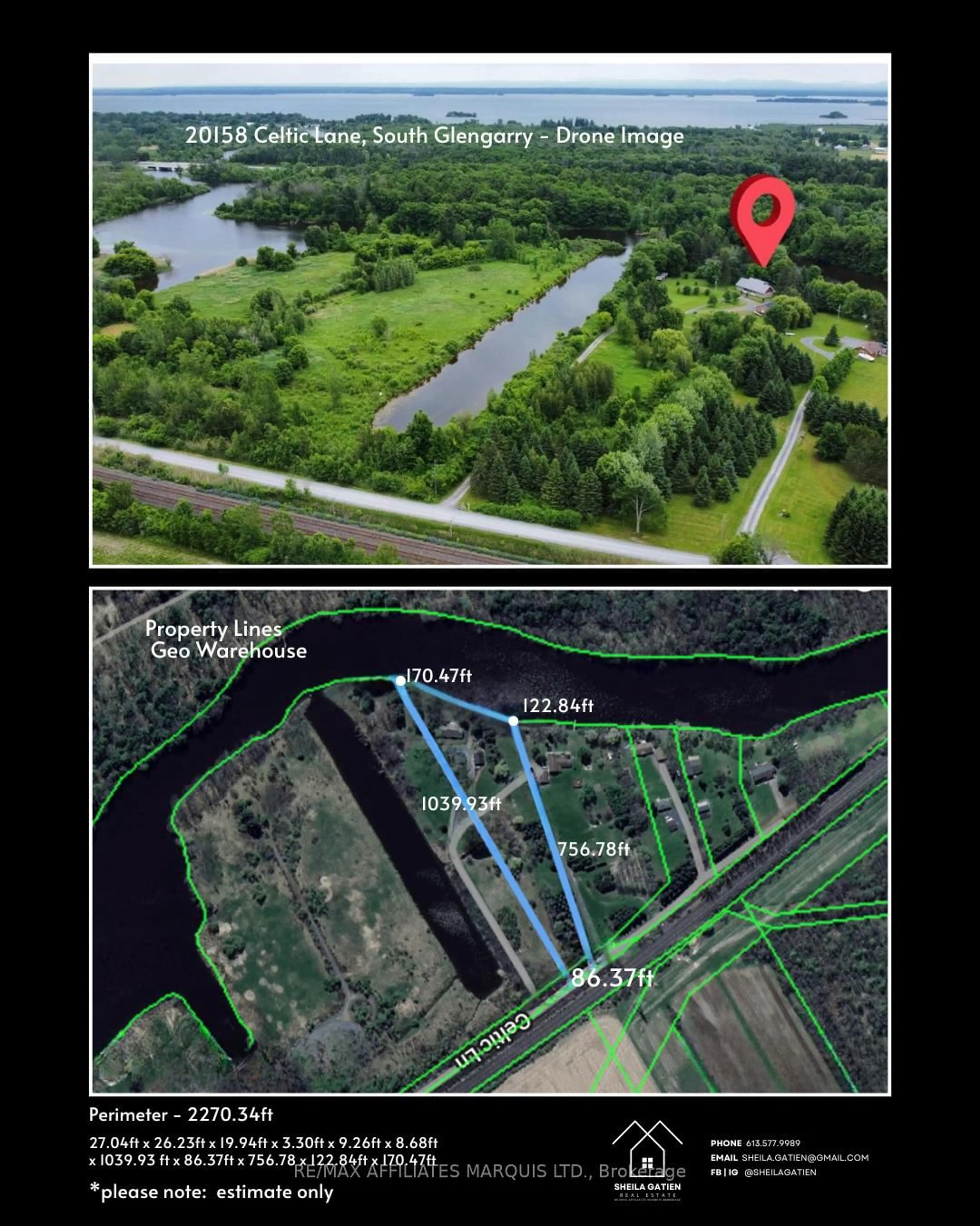 A pic from outside/outdoor area/front of a property/back of a property/a pic from drone, water/lake/river/ocean view for 20158 Celtic Lane, South Glengarry Ontario K0C 1N0