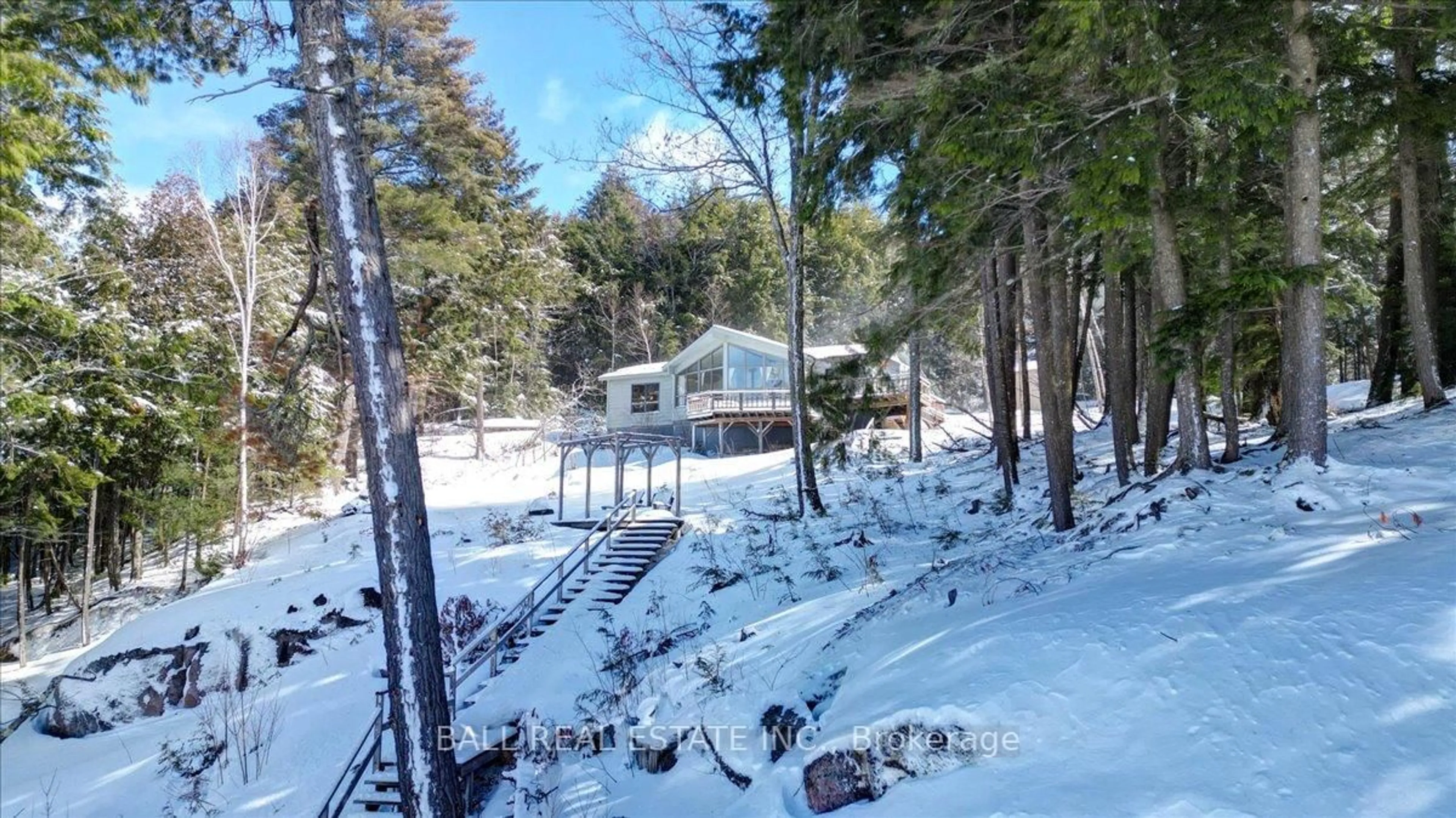 A pic from outside/outdoor area/front of a property/back of a property/a pic from drone, forest/trees view for 98 Merganser Lane, North Kawartha Ontario K0L 1A0