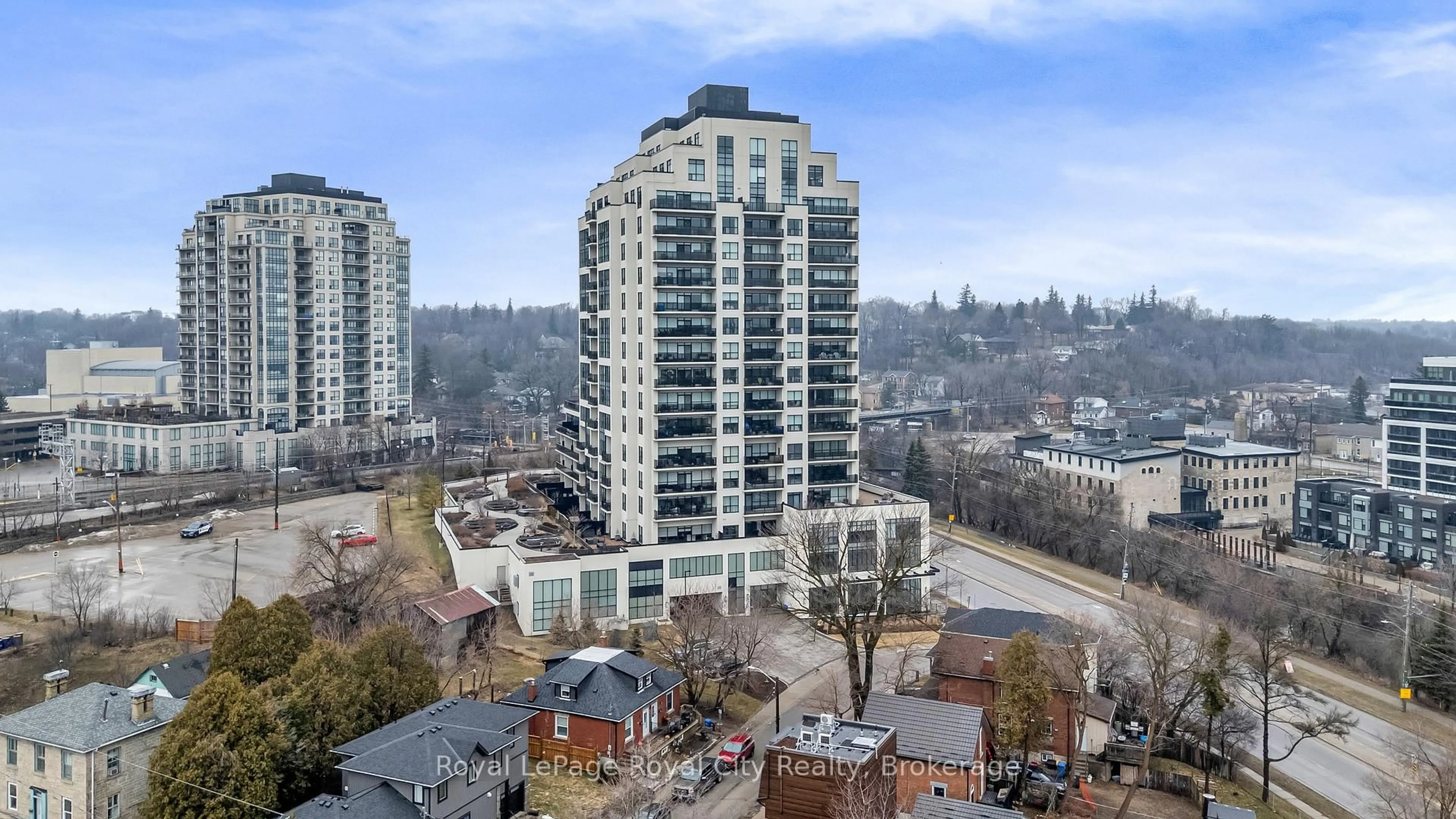 A pic from outside/outdoor area/front of a property/back of a property/a pic from drone, city buildings view from balcony for 150 Wellington St #603, Guelph Ontario N1H 0B5