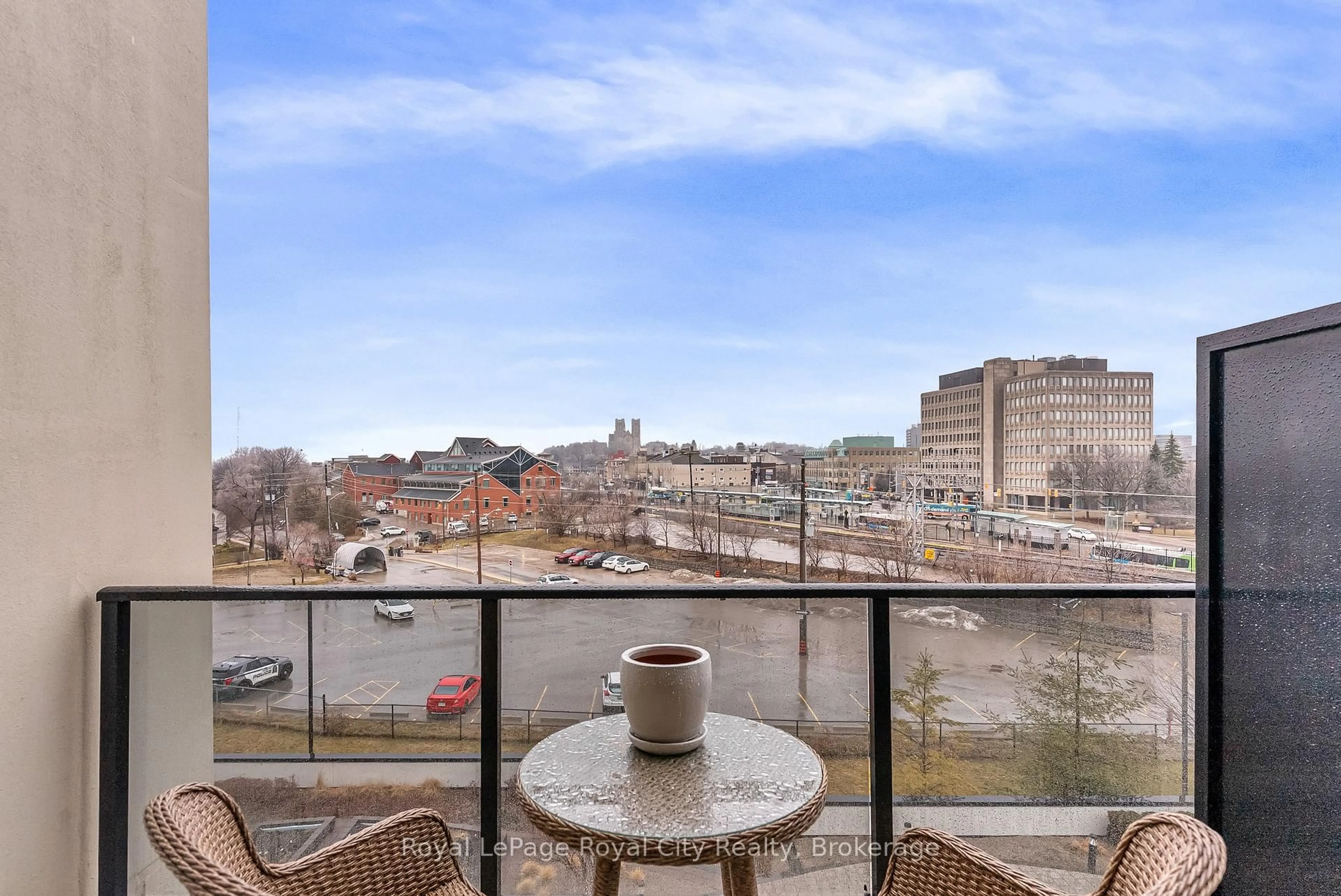 Balcony in the apartment, city buildings view from balcony for 150 Wellington St #603, Guelph Ontario N1H 0B5