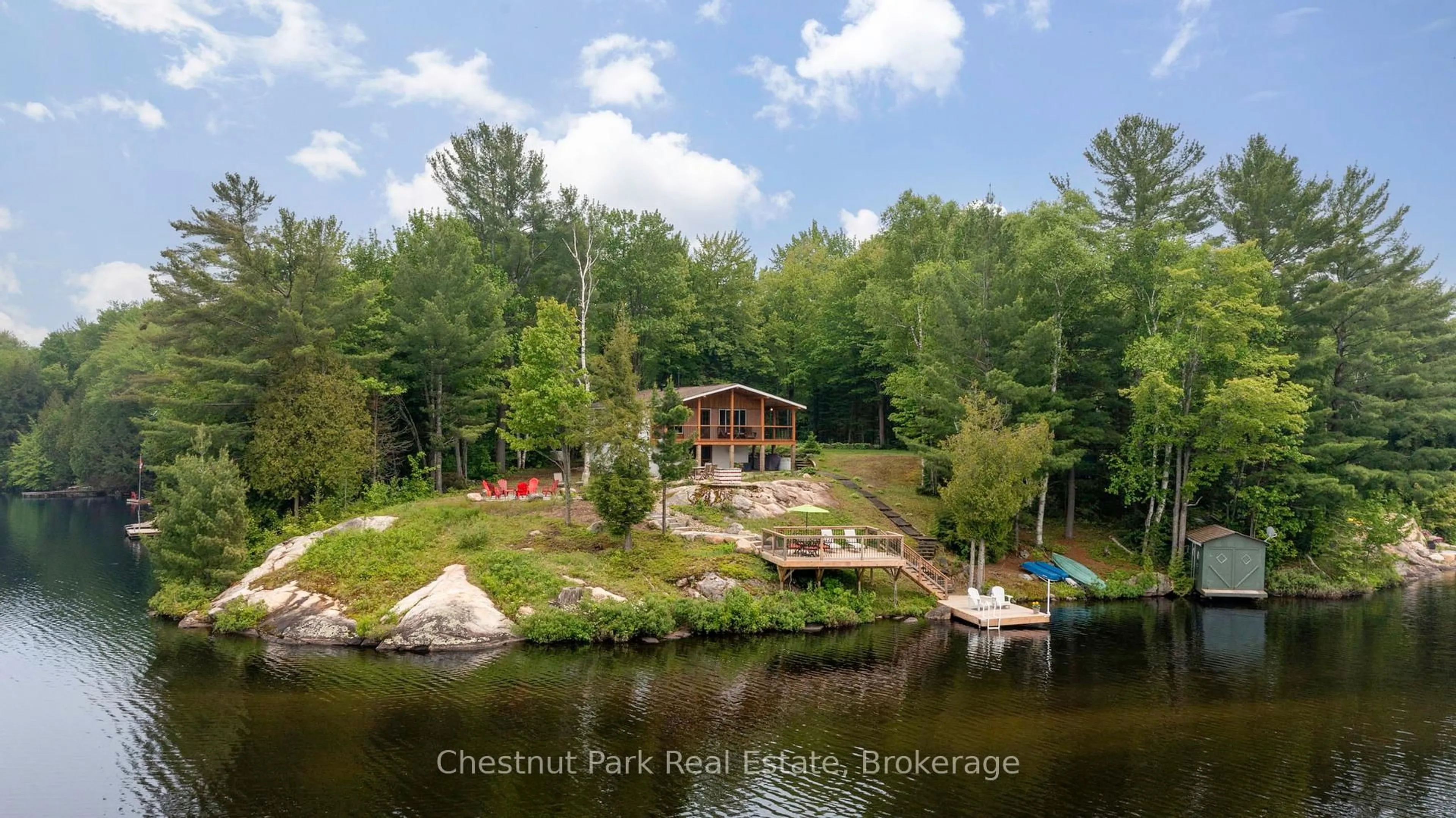A pic from outside/outdoor area/front of a property/back of a property/a pic from drone, water/lake/river/ocean view for 4 Mallard Lane, Lake of Bays Ontario P0B 1A0