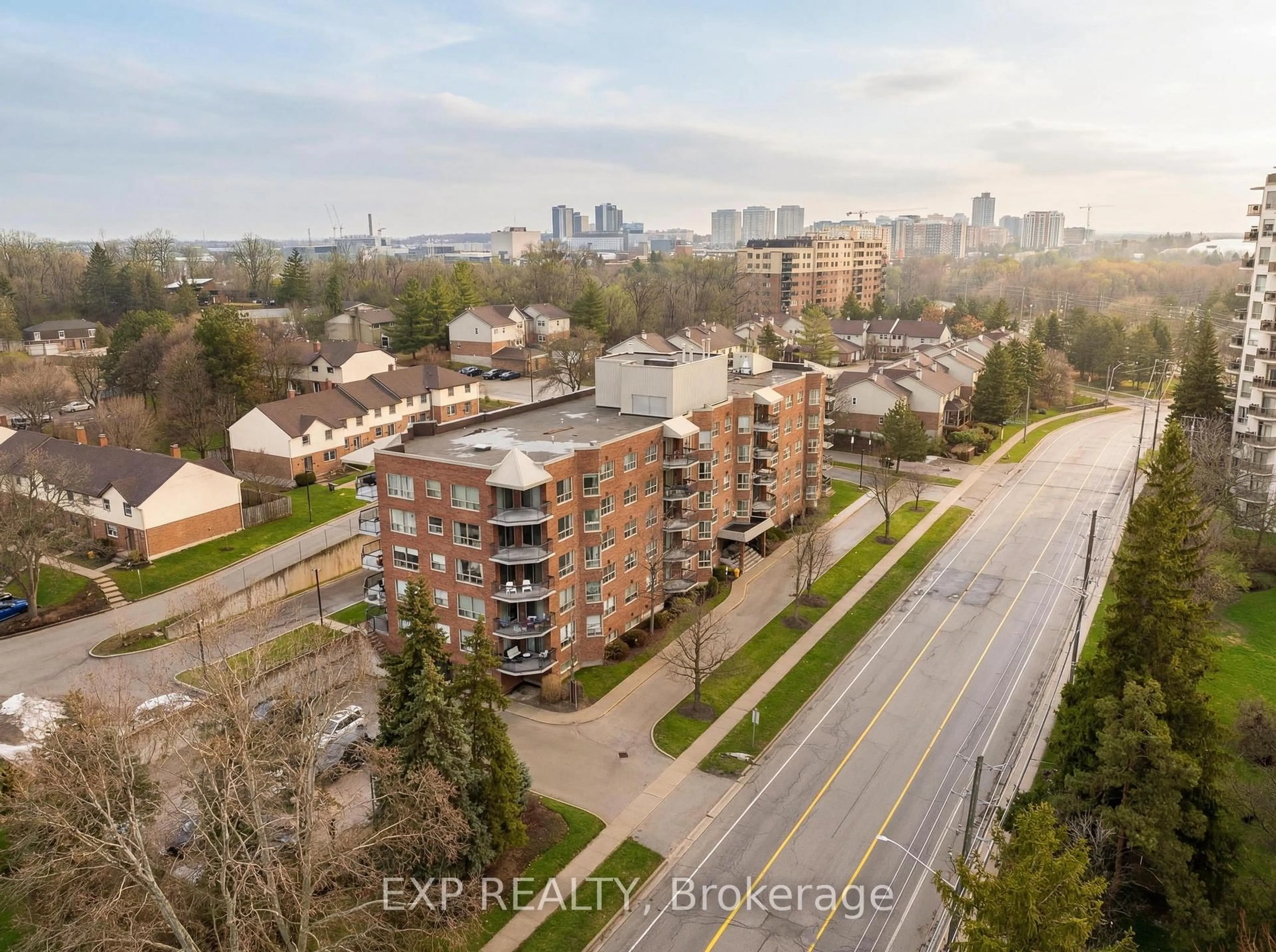A pic from outside/outdoor area/front of a property/back of a property/a pic from drone, city buildings view from balcony for 300 Keats Way #302, Waterloo Ontario N2L 6E6