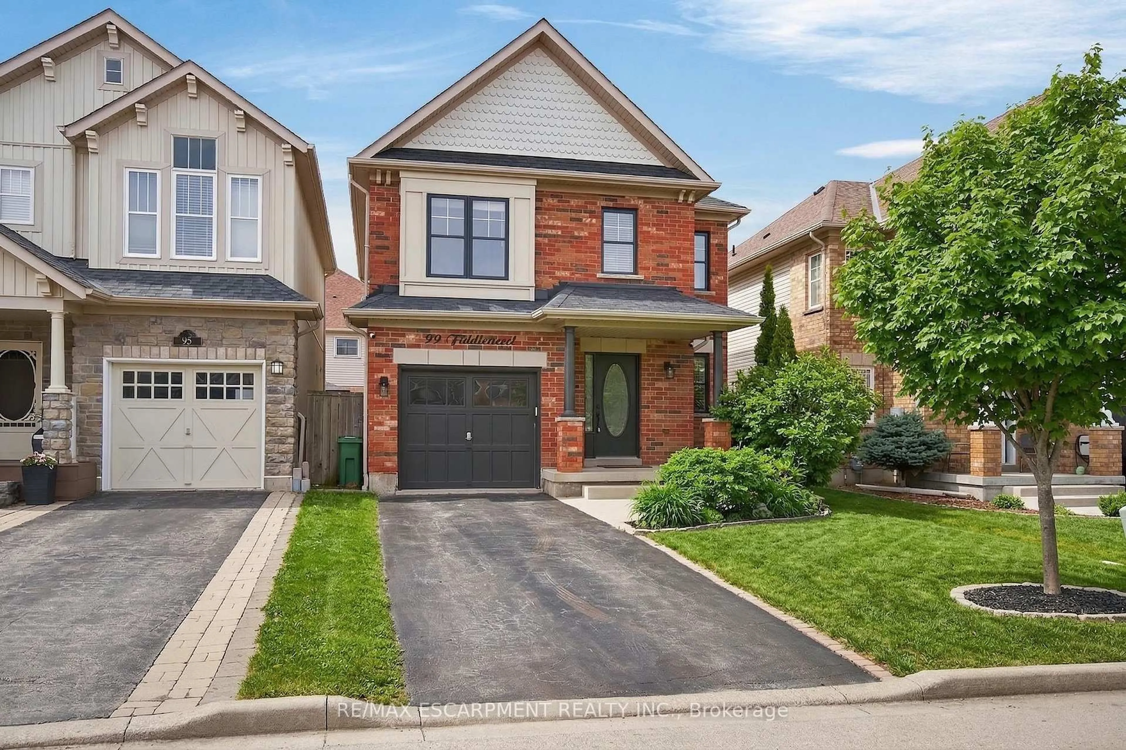 Home with brick exterior material, street for 99 Fiddlehead Cres, Hamilton Ontario L8B 0Y1