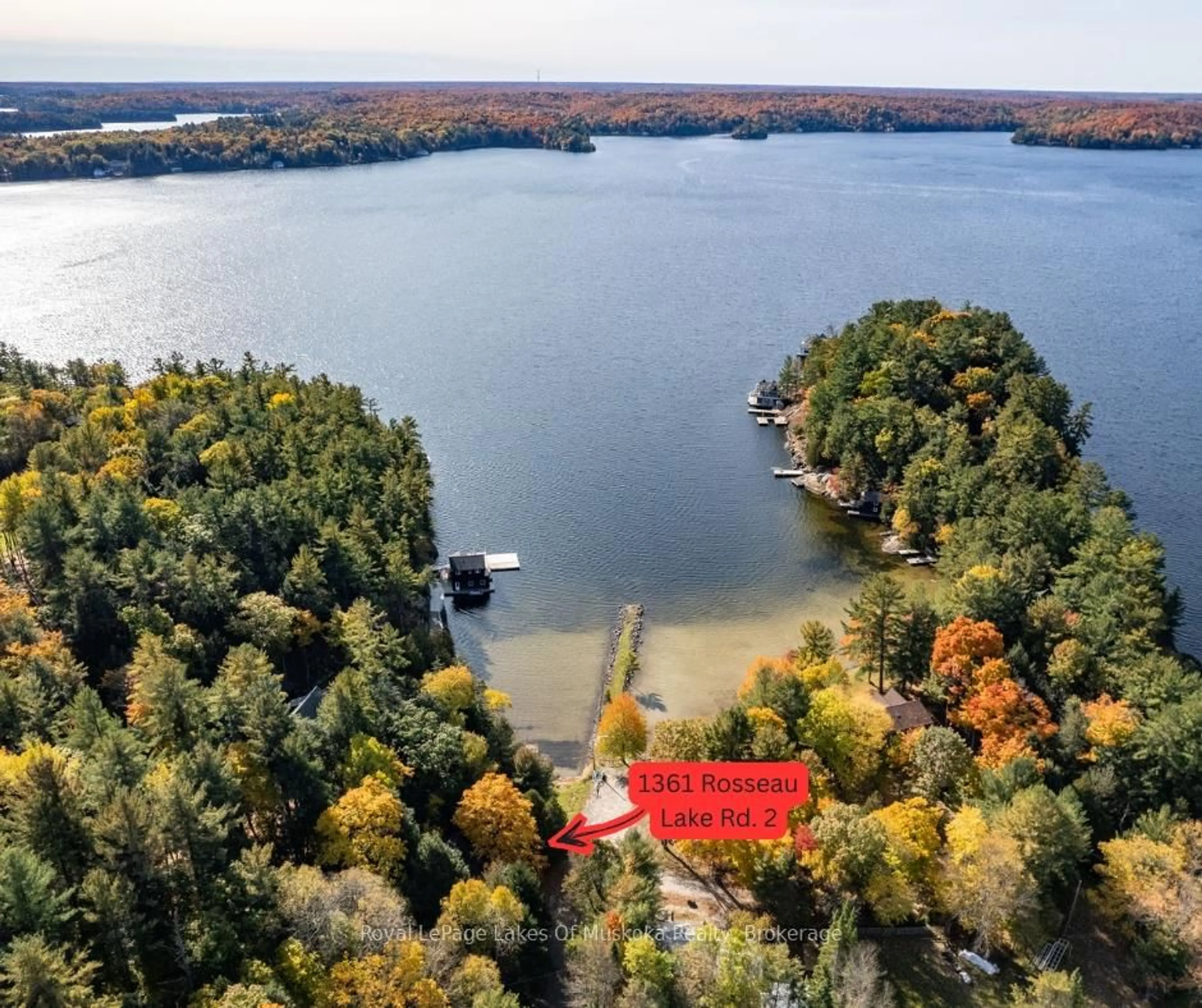 A pic from outside/outdoor area/front of a property/back of a property/a pic from drone, water/lake/river/ocean view for 1361 Rosseau Lake 2 Rd, Muskoka Lakes Ontario P0B 1M0