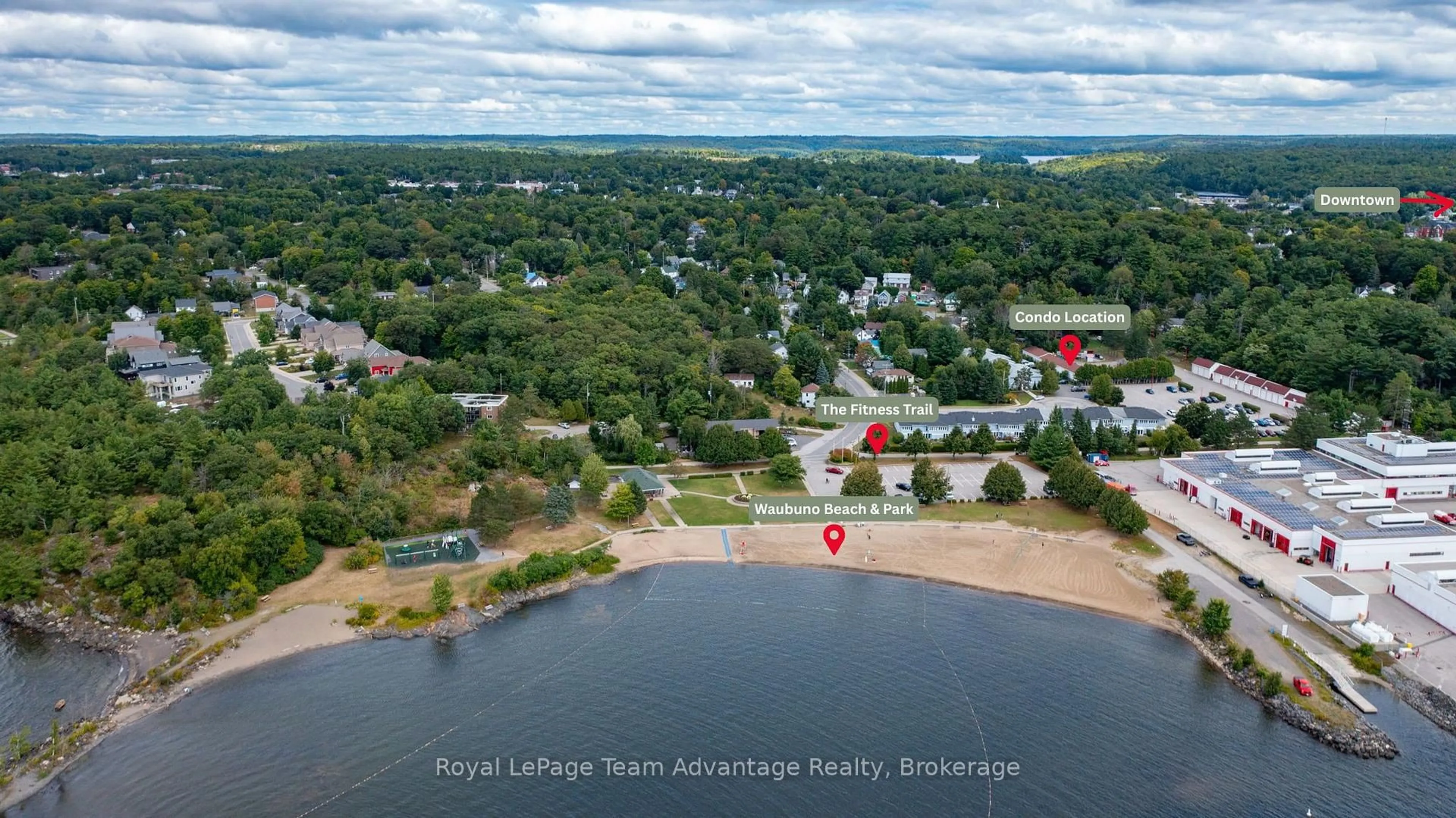 A pic from outside/outdoor area/front of a property/back of a property/a pic from drone, water/lake/river/ocean view for 1 Georgian Bay Ave #104, Parry Sound Ontario P2A 3B1