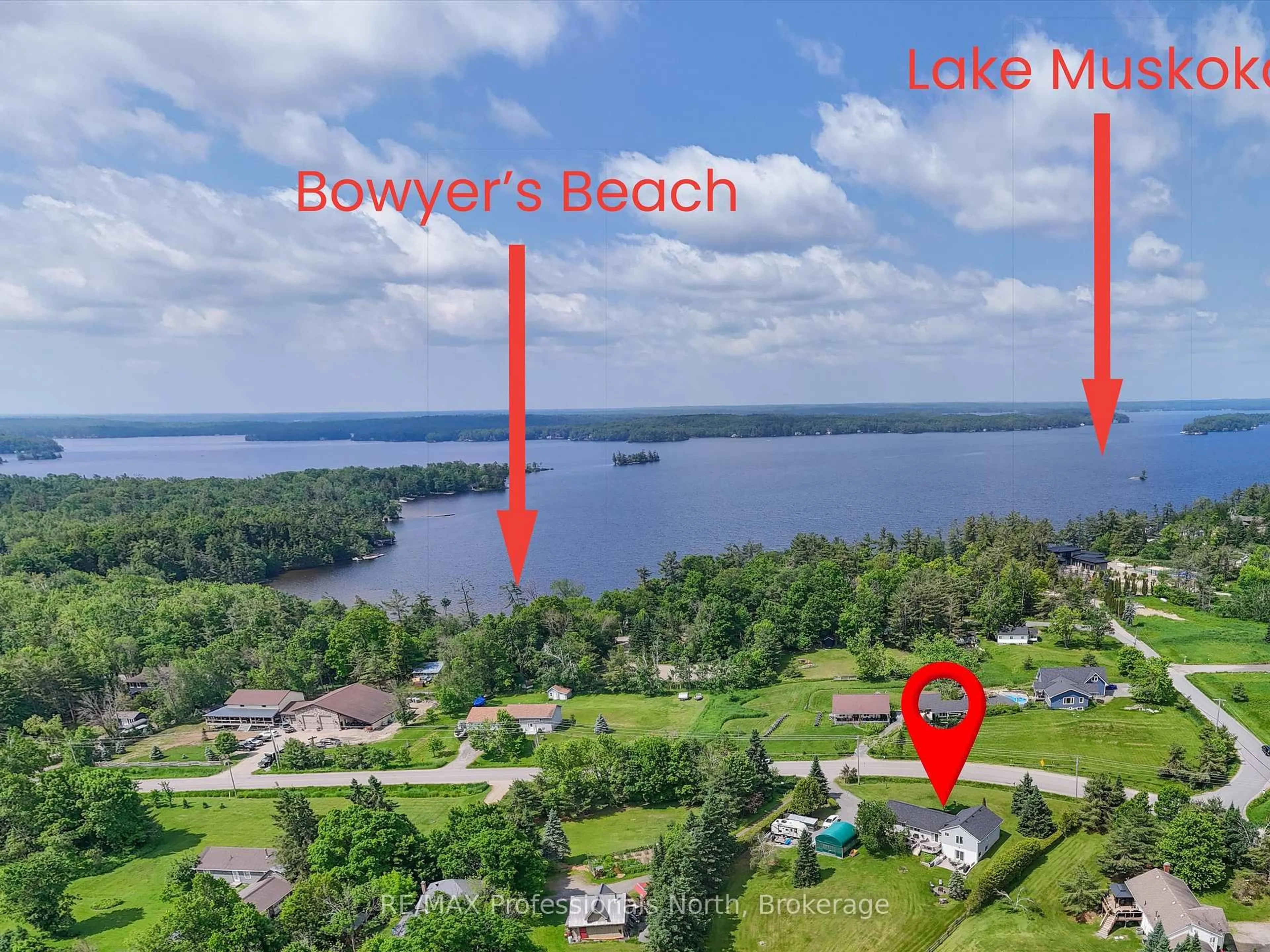 A pic from outside/outdoor area/front of a property/back of a property/a pic from drone, water/lake/river/ocean view for 1287 Golden Beach Rd, Bracebridge Ontario P1L 1W8