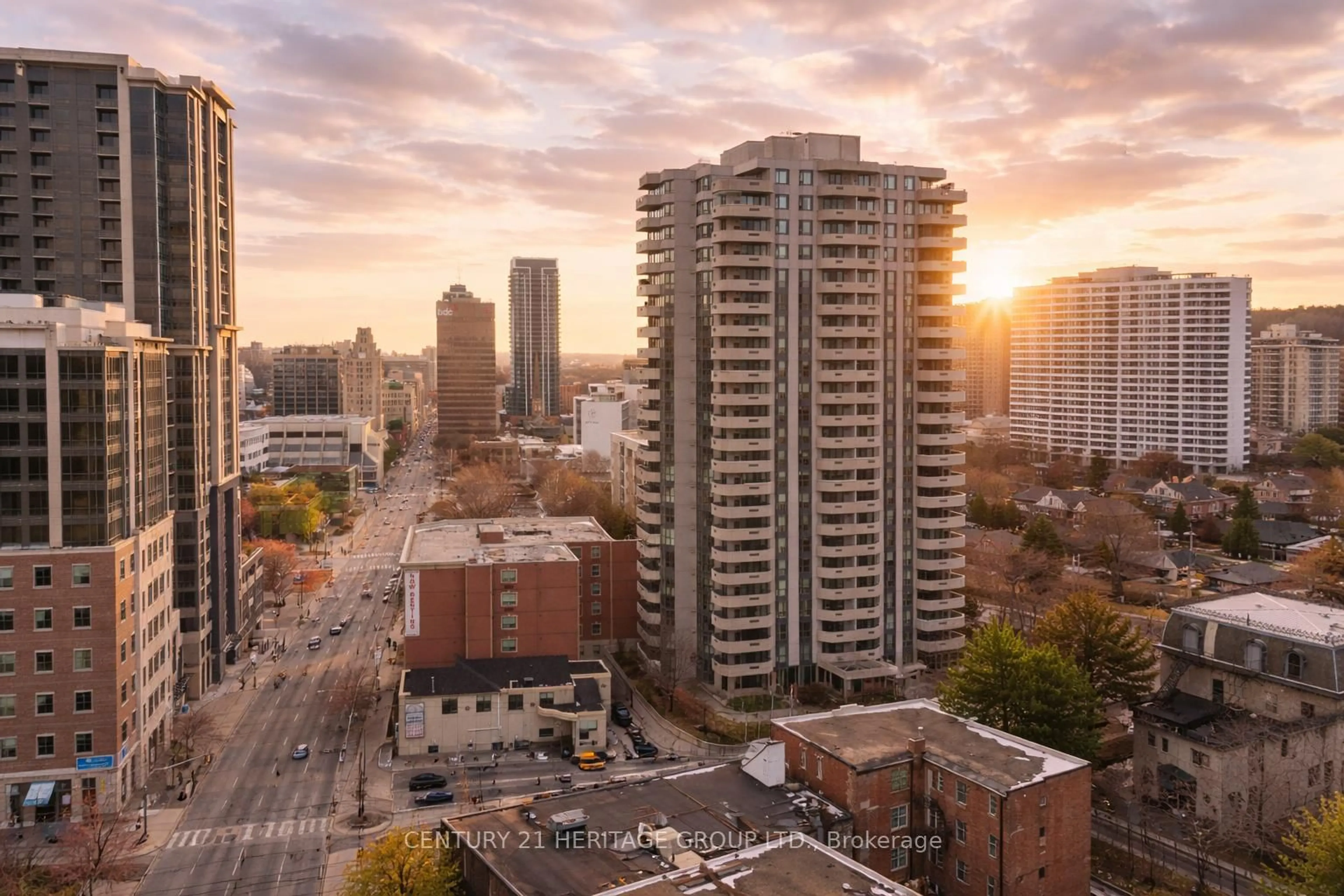 A pic from outside/outdoor area/front of a property/back of a property/a pic from drone, city buildings view from balcony for 67 Caroline St #102, Hamilton Ontario L8P 3K6