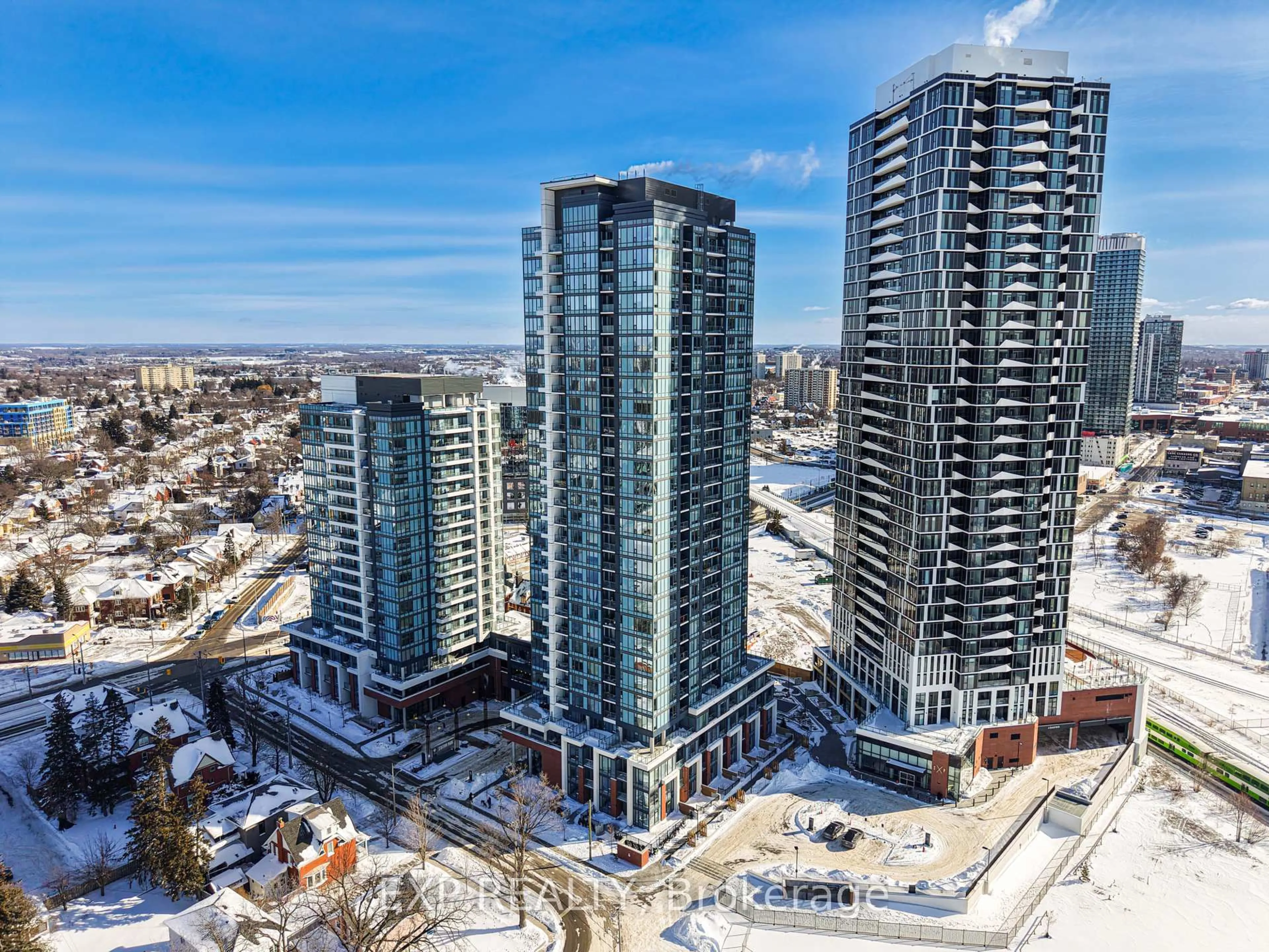 A pic from outside/outdoor area/front of a property/back of a property/a pic from drone, city buildings view from balcony for 15 Wellington St #1810, Kitchener Ontario N2G 0E4
