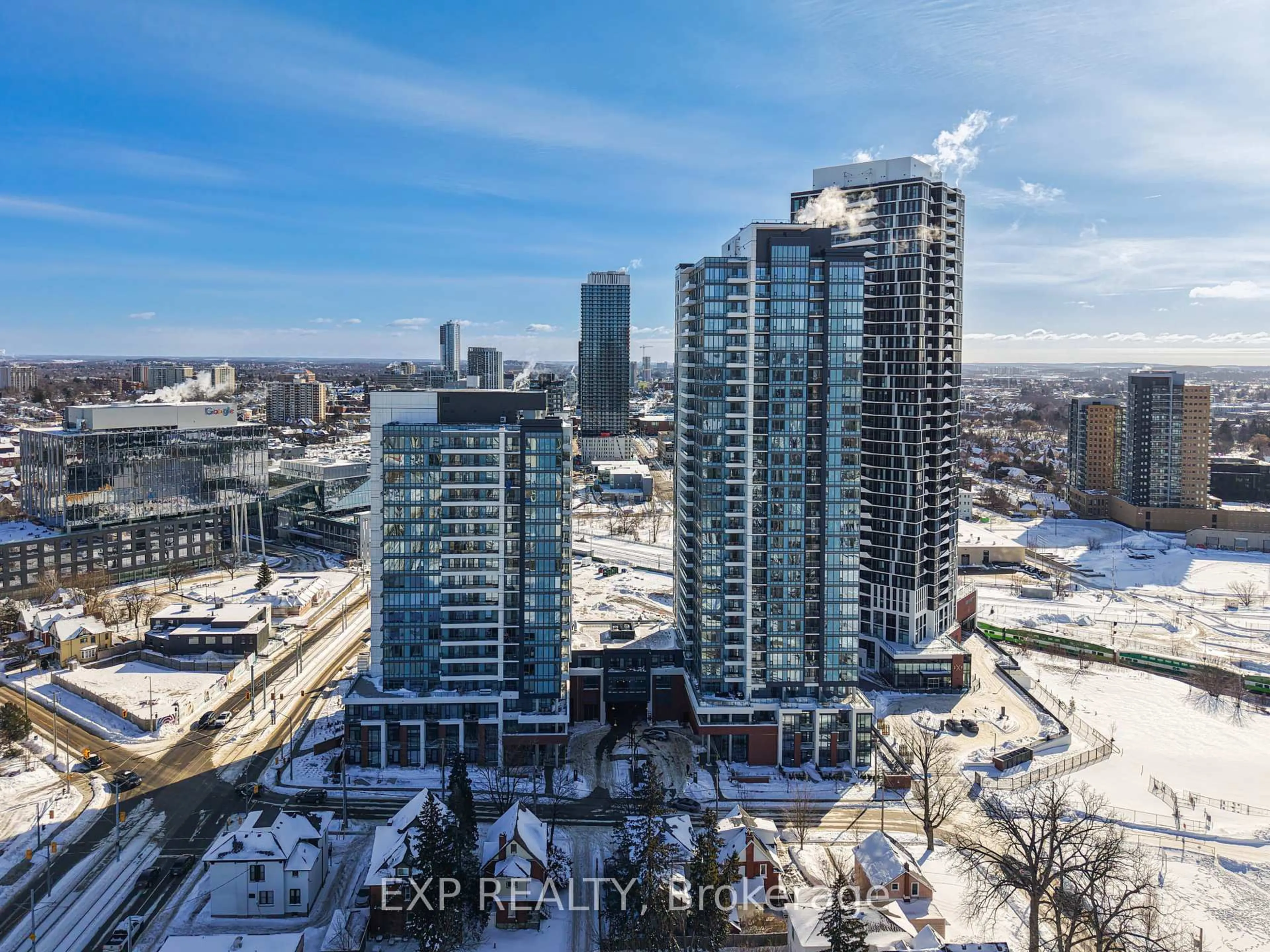 A pic from outside/outdoor area/front of a property/back of a property/a pic from drone, city buildings view from balcony for 15 Wellington St #1810, Kitchener Ontario N2G 0E4