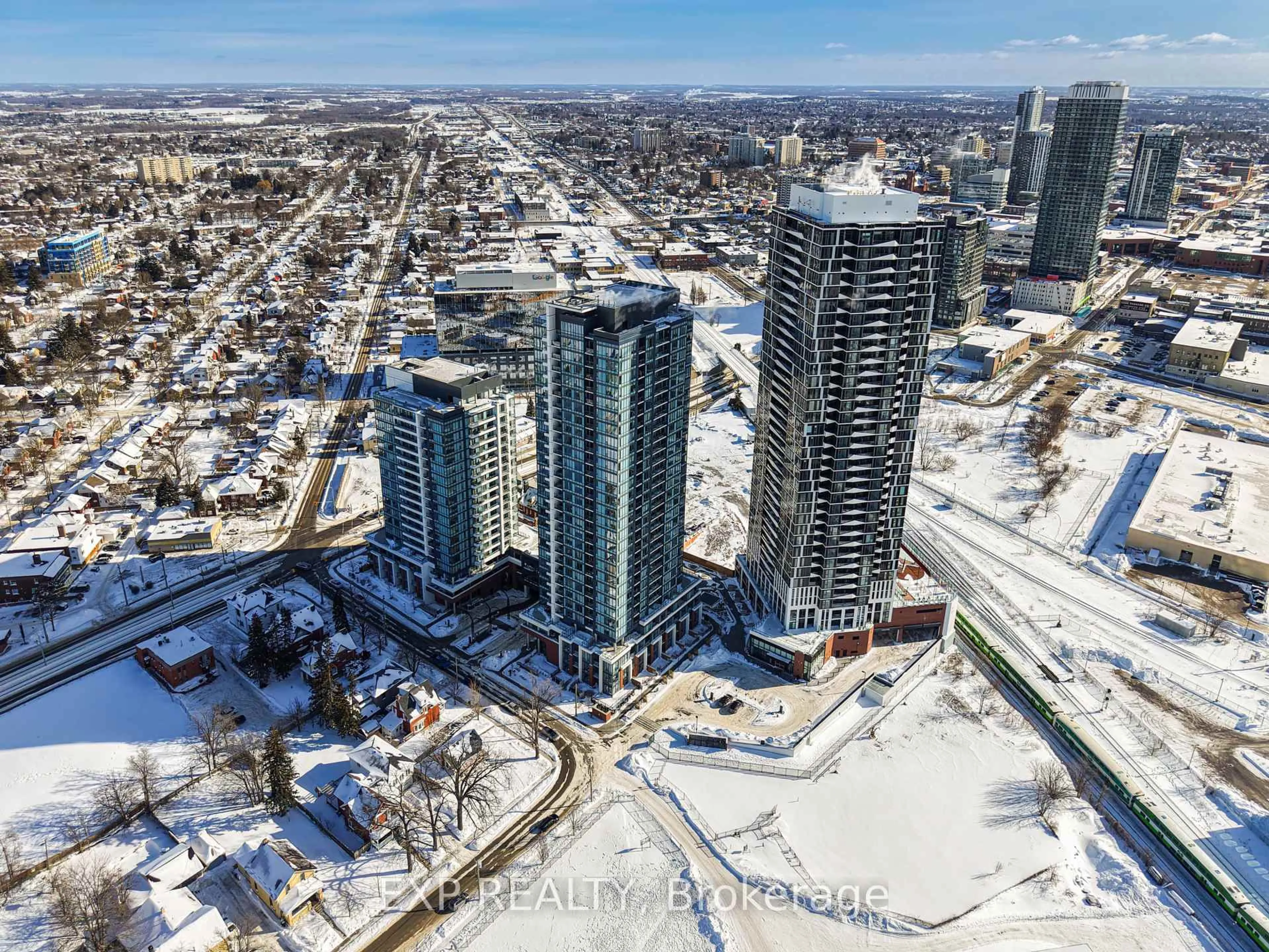 A pic from outside/outdoor area/front of a property/back of a property/a pic from drone, city buildings view from balcony for 15 Wellington St #1810, Kitchener Ontario N2G 0E4