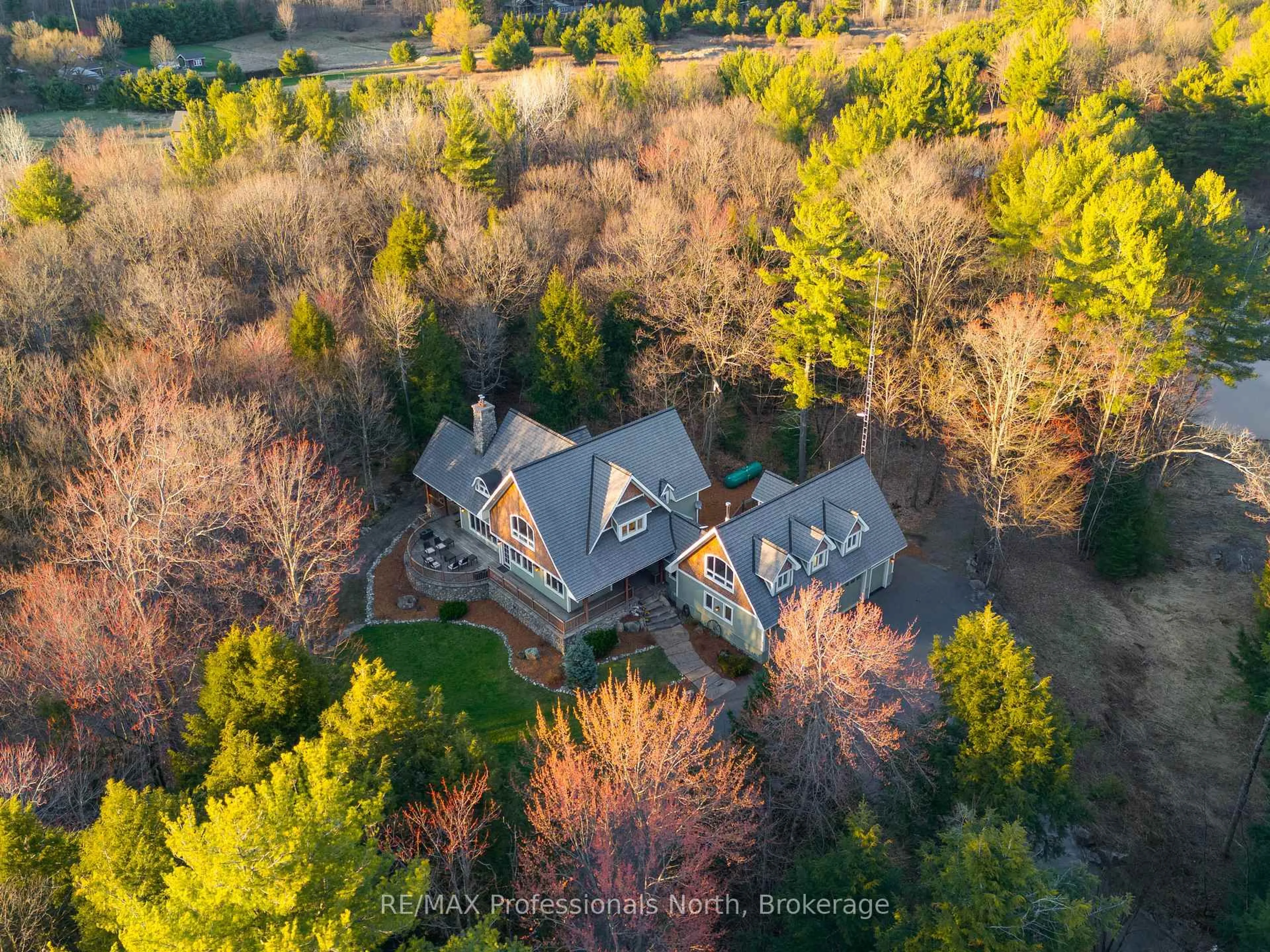 A pic from outside/outdoor area/front of a property/back of a property/a pic from drone, forest/trees view for 1656 MUSKOKA BEACH Rd, Bracebridge Ontario P1P 1R1