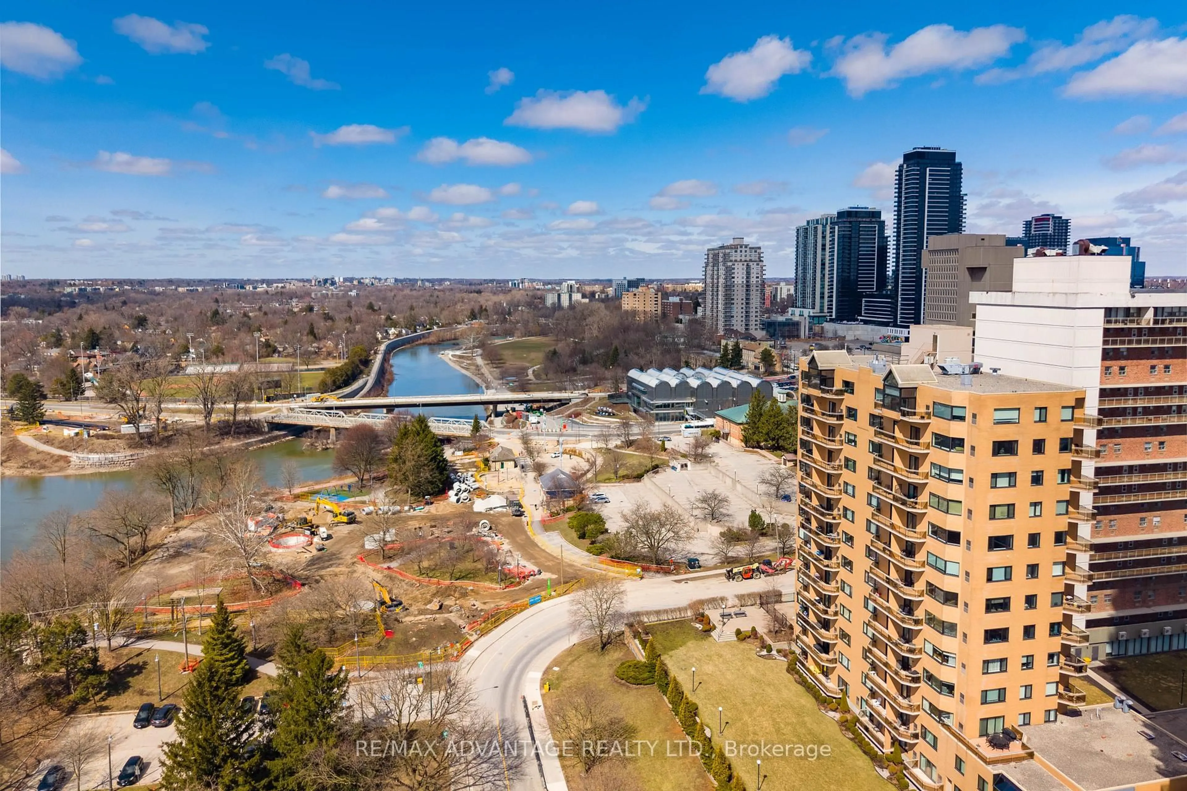 A pic from outside/outdoor area/front of a property/back of a property/a pic from drone, city buildings view from balcony for 19 King St #1101, London East Ontario N6A 5N8