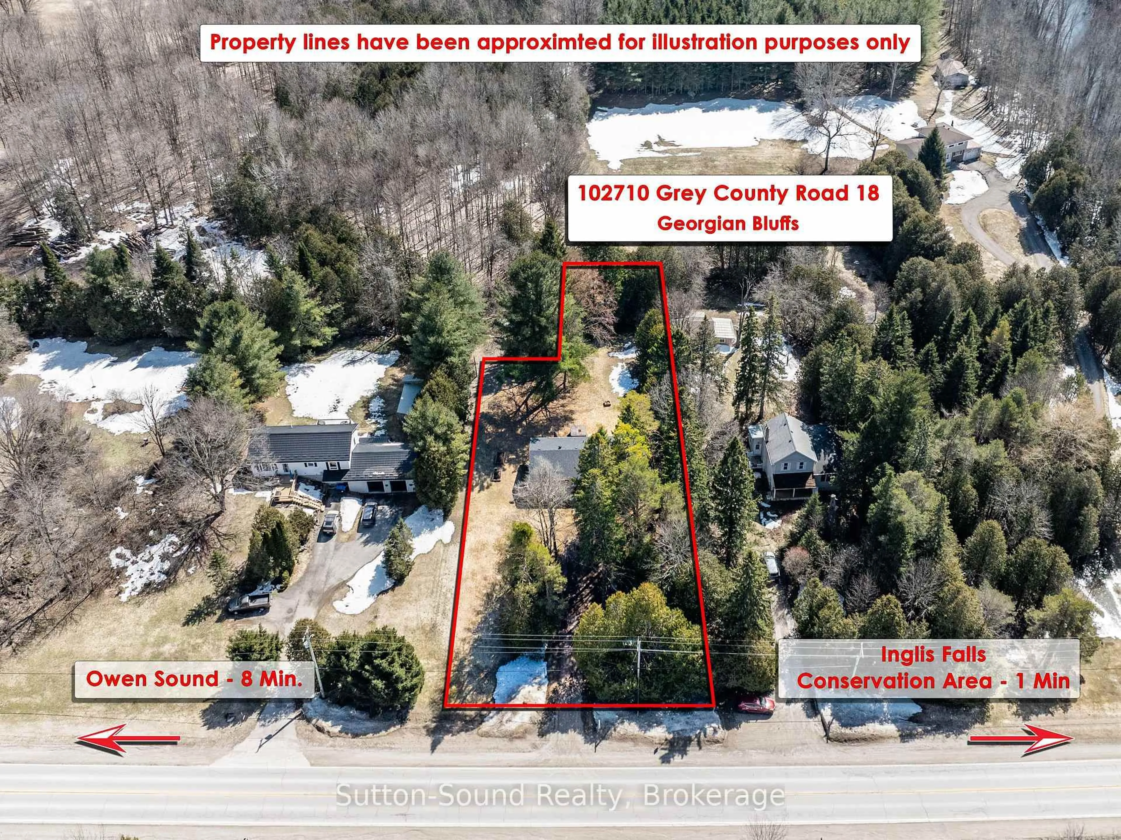 A pic from outside/outdoor area/front of a property/back of a property/a pic from drone, street for 102710 Grey Road 18, Georgian Bluffs Ontario N4K 5N6