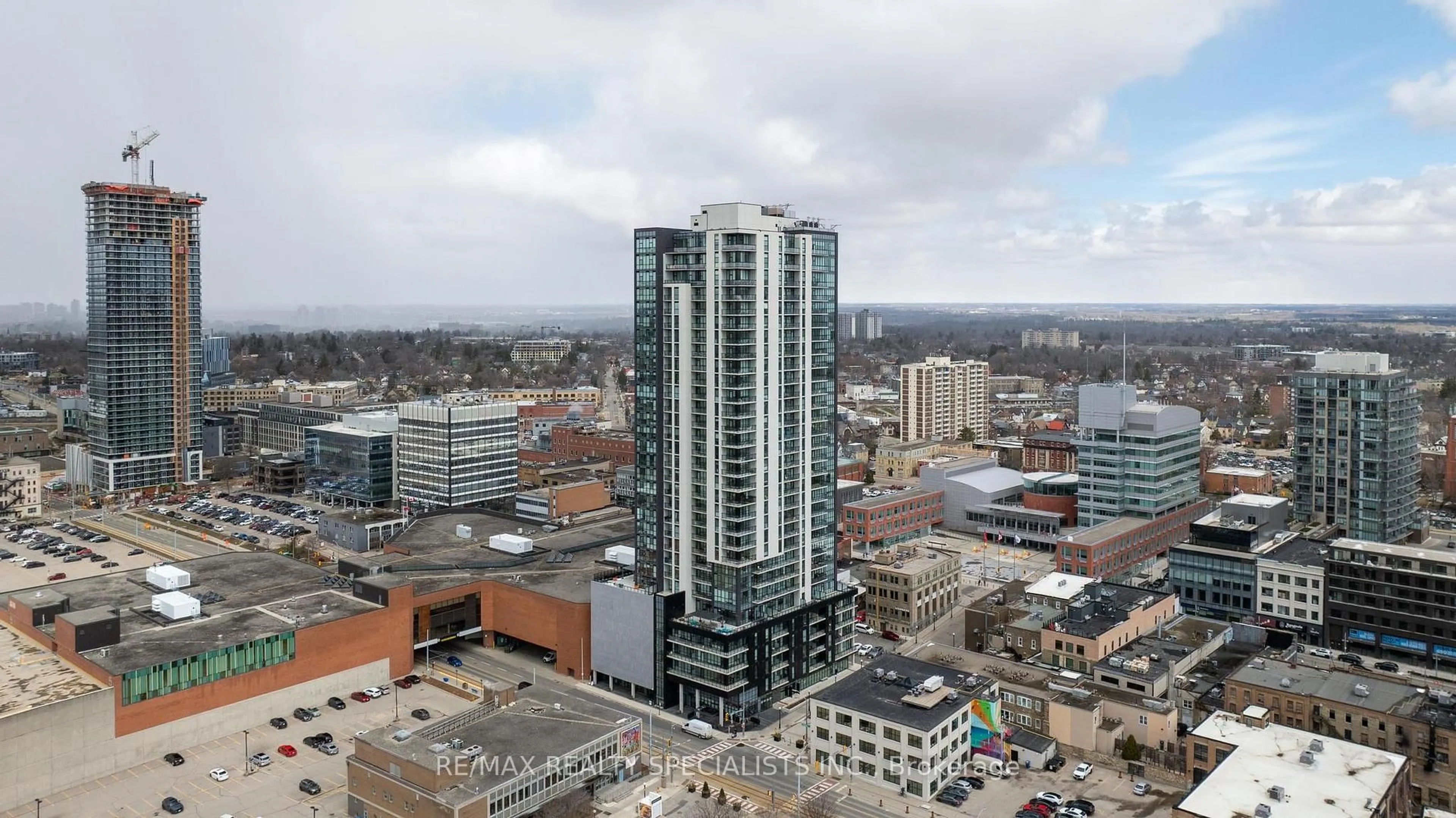 A pic from outside/outdoor area/front of a property/back of a property/a pic from drone, city buildings view from balcony for 60 Charles St W St #308, Kitchener Ontario N2G 0C9