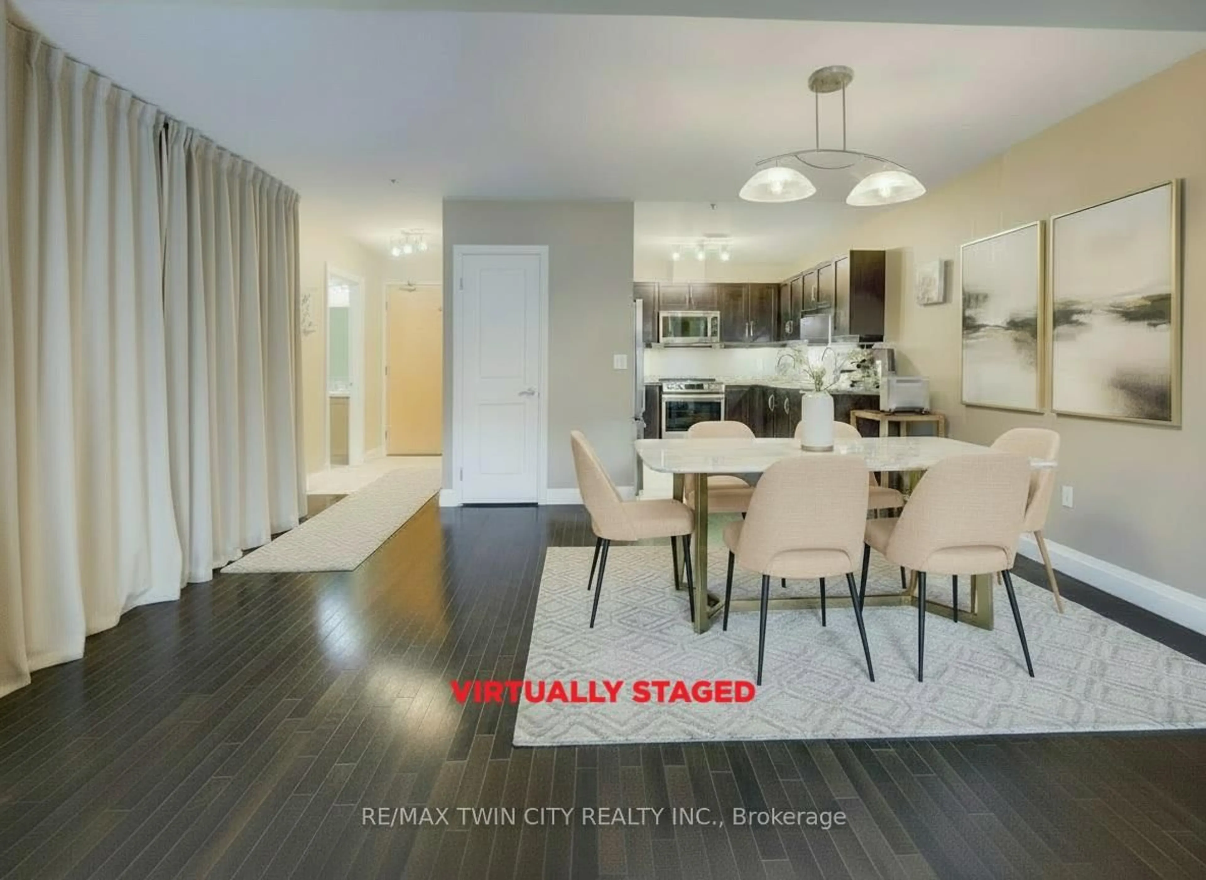 Dining room, wood/laminate floor for 165 Duke St #105, Kitchener Ontario N2H 6T8