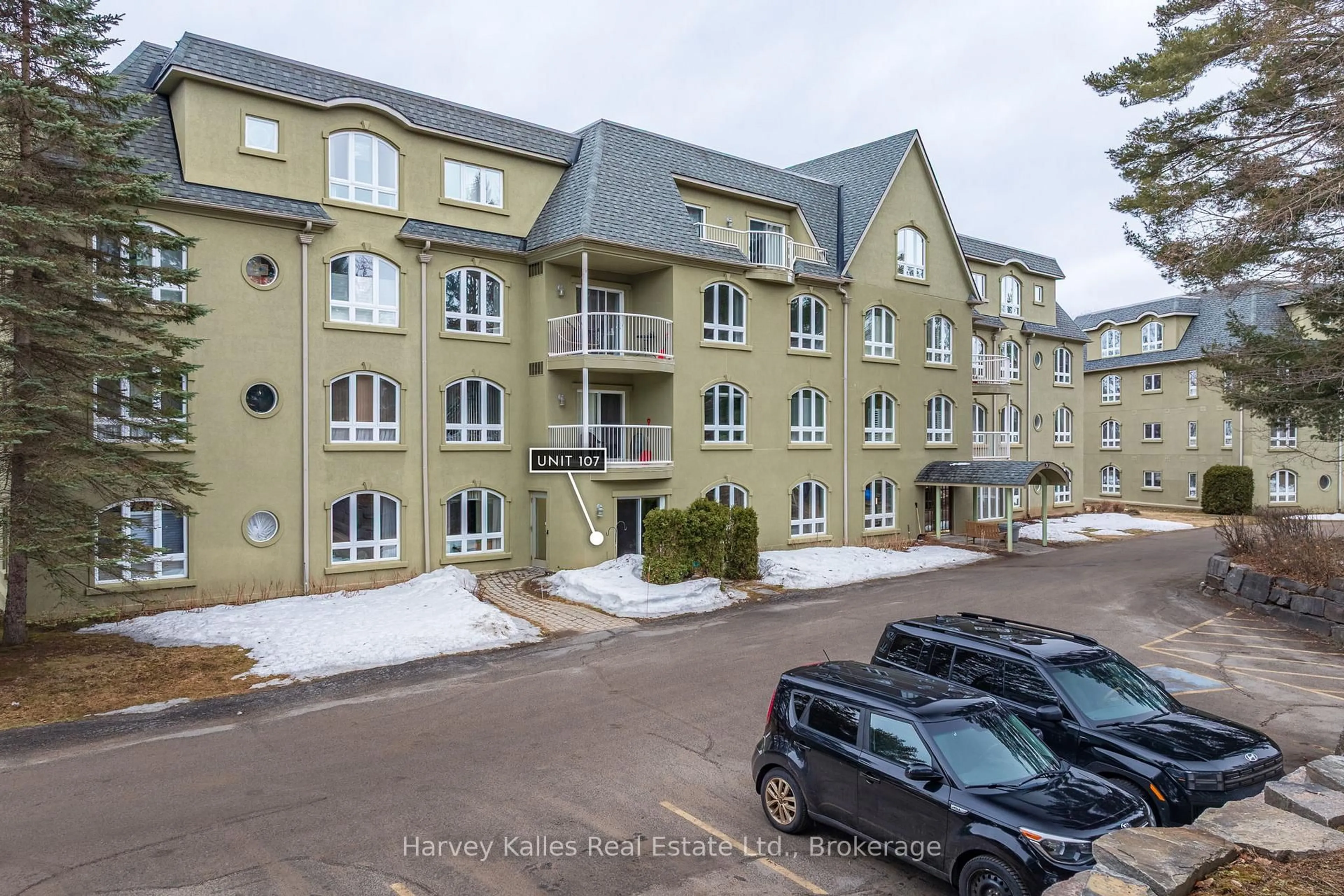 A pic from outside/outdoor area/front of a property/back of a property/a pic from drone, unknown for 31 Dairy Lane #107, Huntsville Ontario P1H 2L7