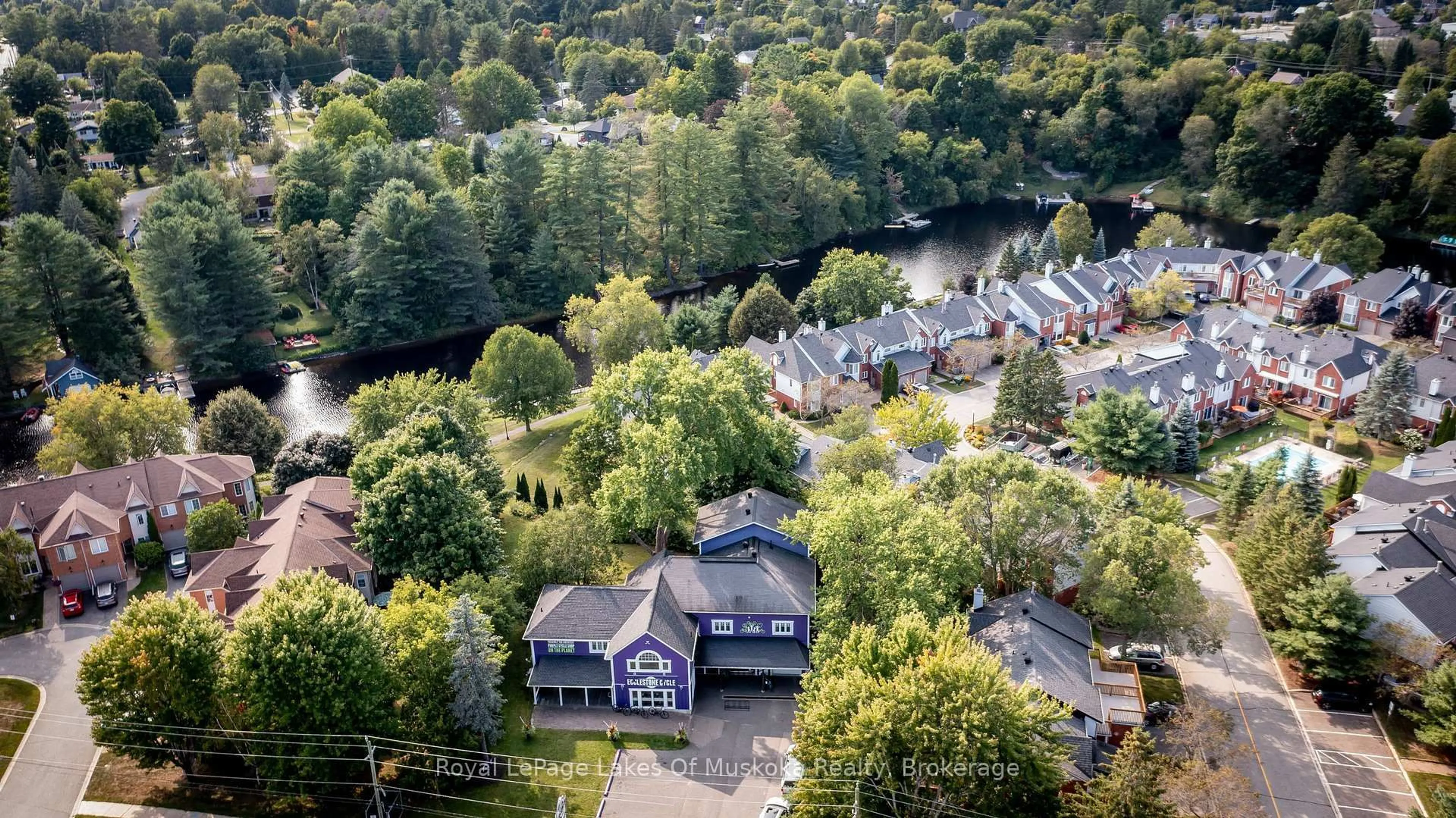 A pic from outside/outdoor area/front of a property/back of a property/a pic from drone, water/lake/river/ocean view for 230 Ecclestone Dr, Bracebridge Ontario P1L 1G4