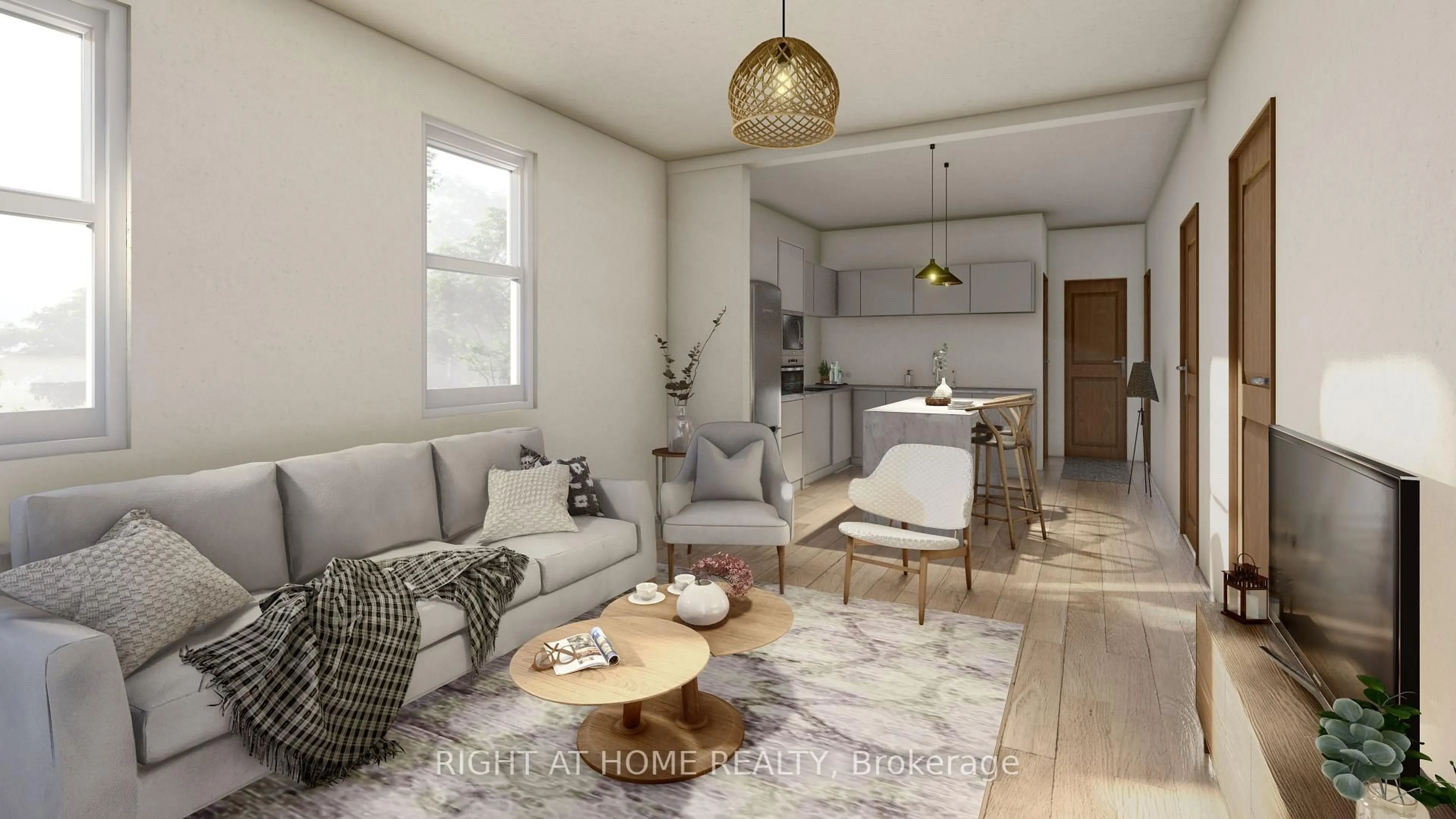 Living room with furniture, wood/laminate floor for 18 Merritt St, St. Catharines Ontario L2T 1J3