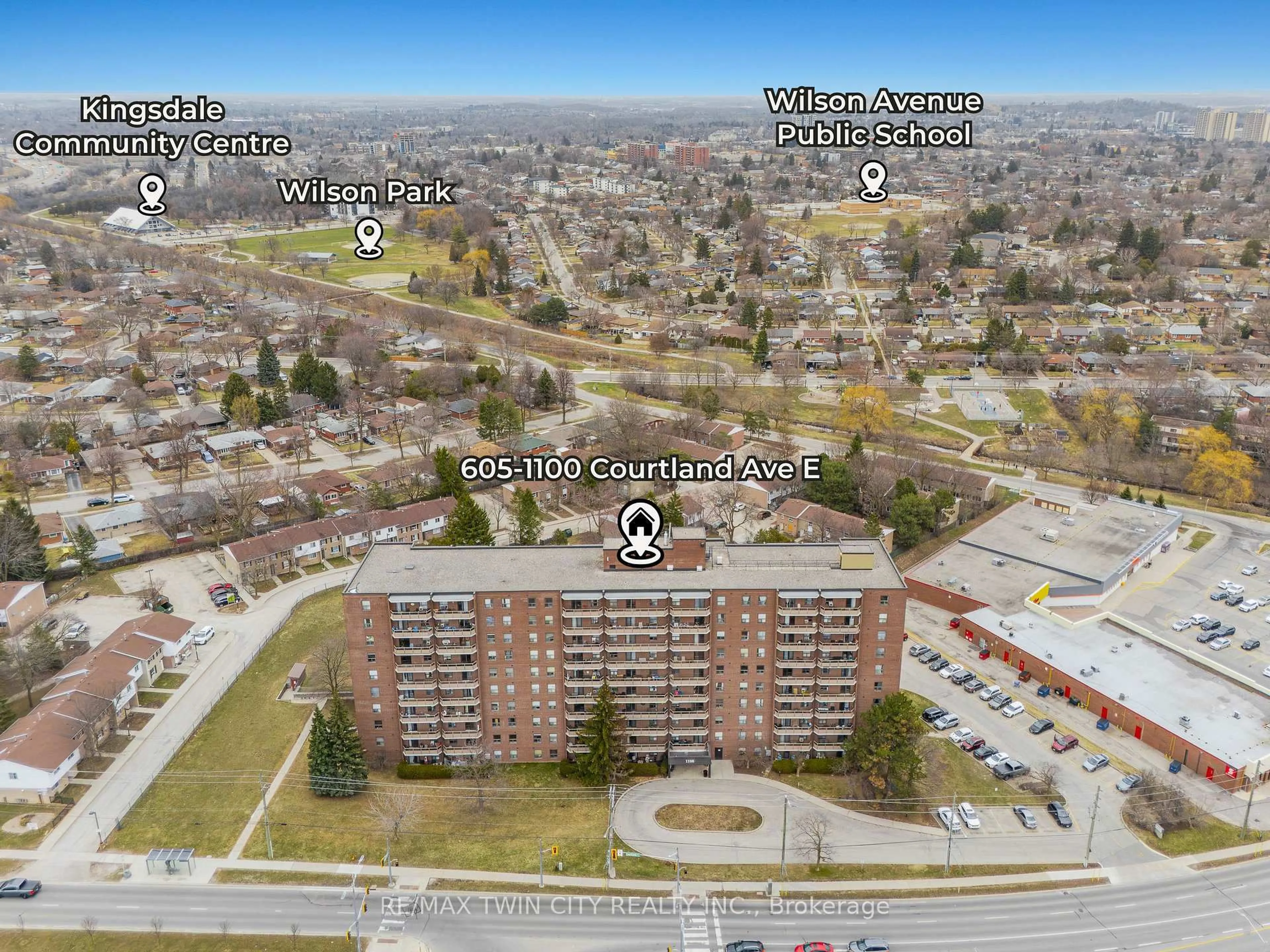 A pic from outside/outdoor area/front of a property/back of a property/a pic from drone, city buildings view from balcony for 1100 Courtland Ave #605, Kitchener Ontario N2C 2H9