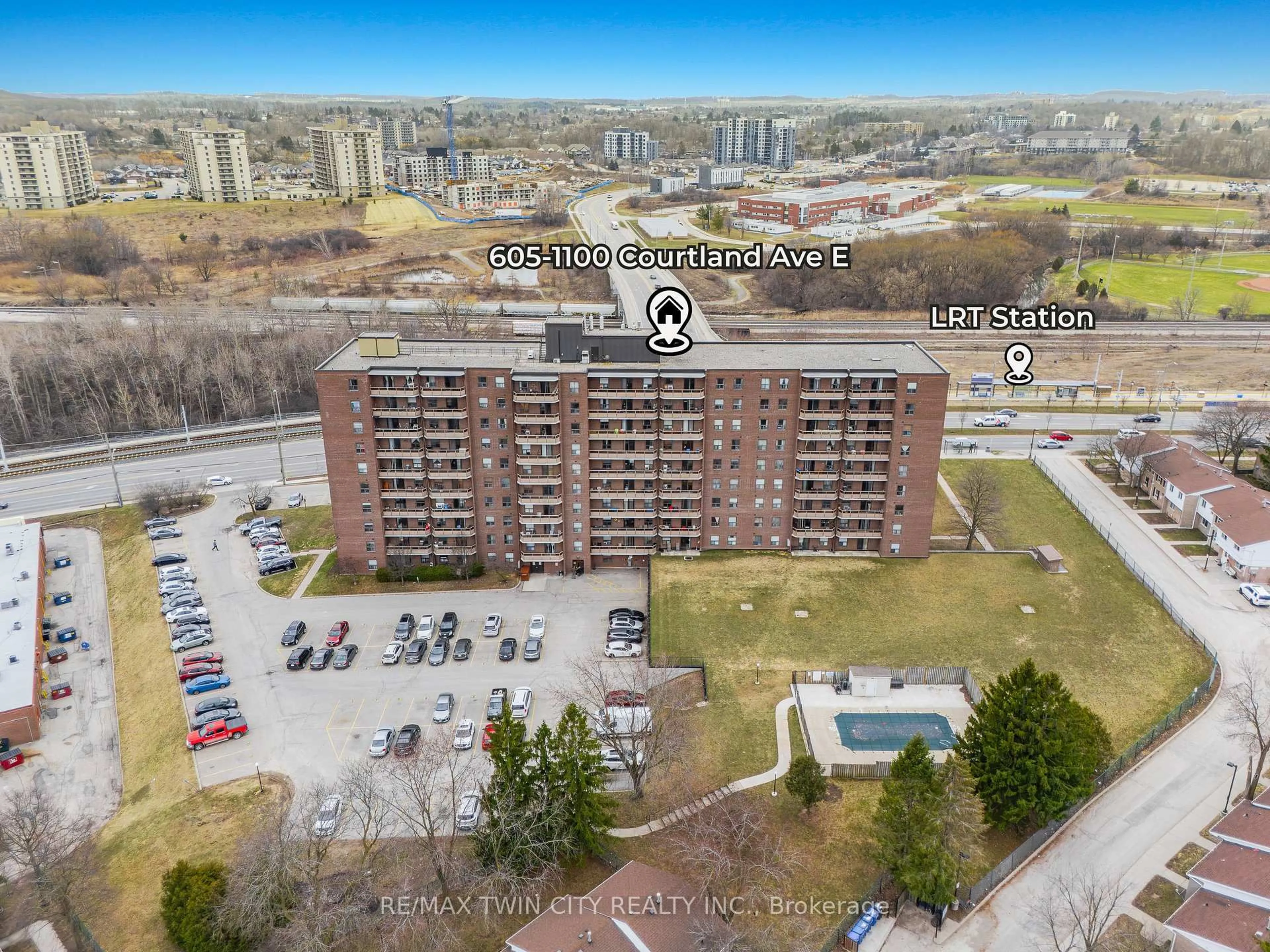 A pic from outside/outdoor area/front of a property/back of a property/a pic from drone, city buildings view from balcony for 1100 Courtland Ave #605, Kitchener Ontario N2C 2H9