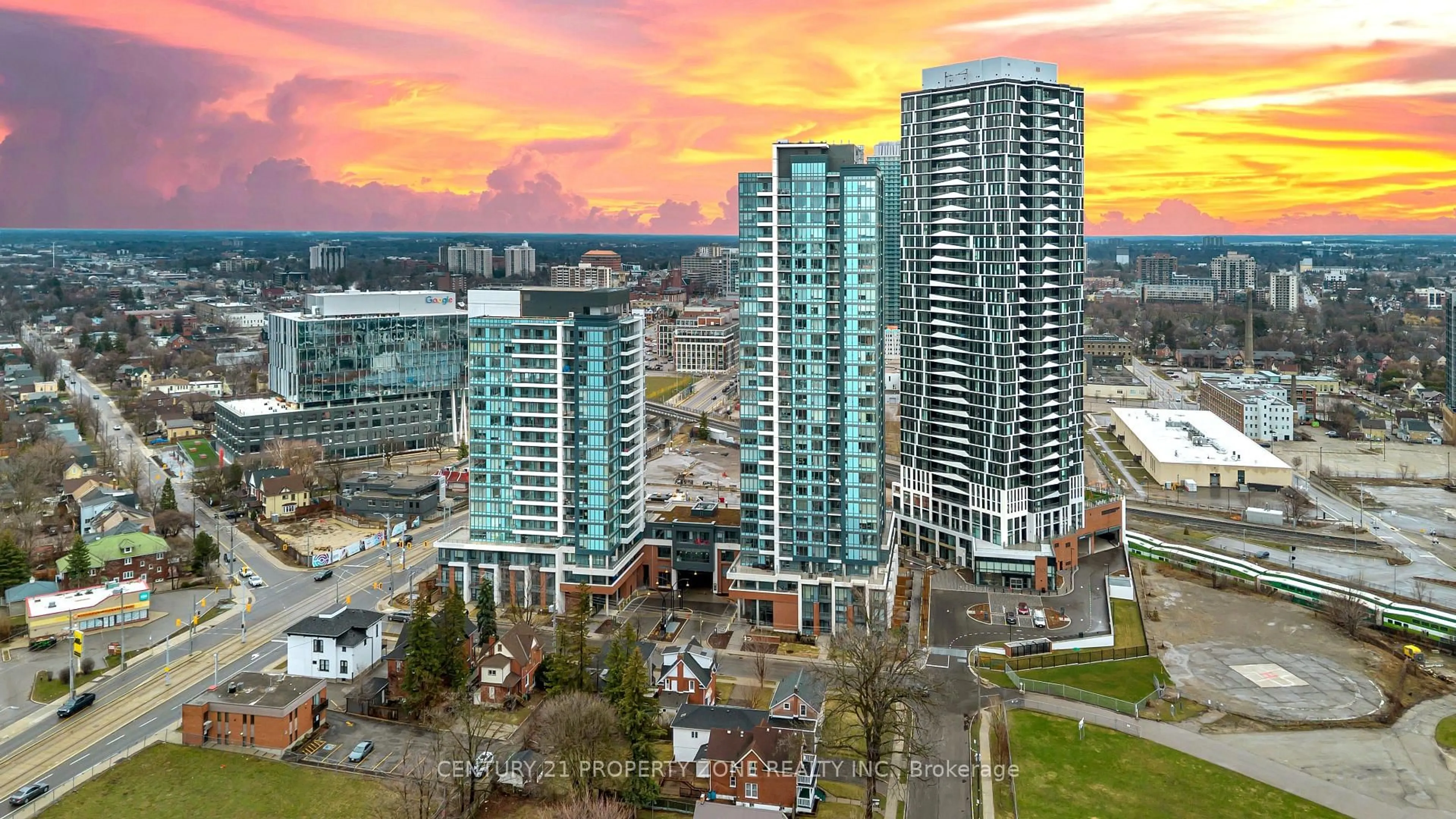 A pic from outside/outdoor area/front of a property/back of a property/a pic from drone, city buildings view from balcony for 25 Wellington St #1914, Kitchener Ontario N2G 0G5
