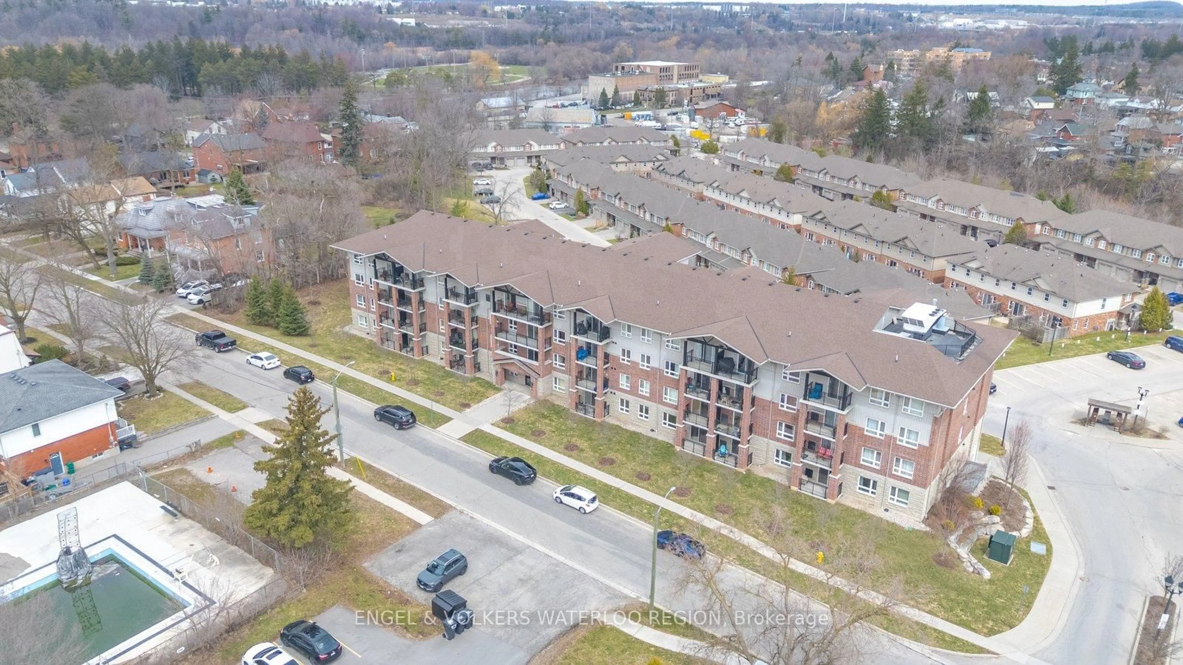 A pic from outside/outdoor area/front of a property/back of a property/a pic from drone, city buildings view from balcony for 505 Margaret St #109, Cambridge Ontario N3H 0A6