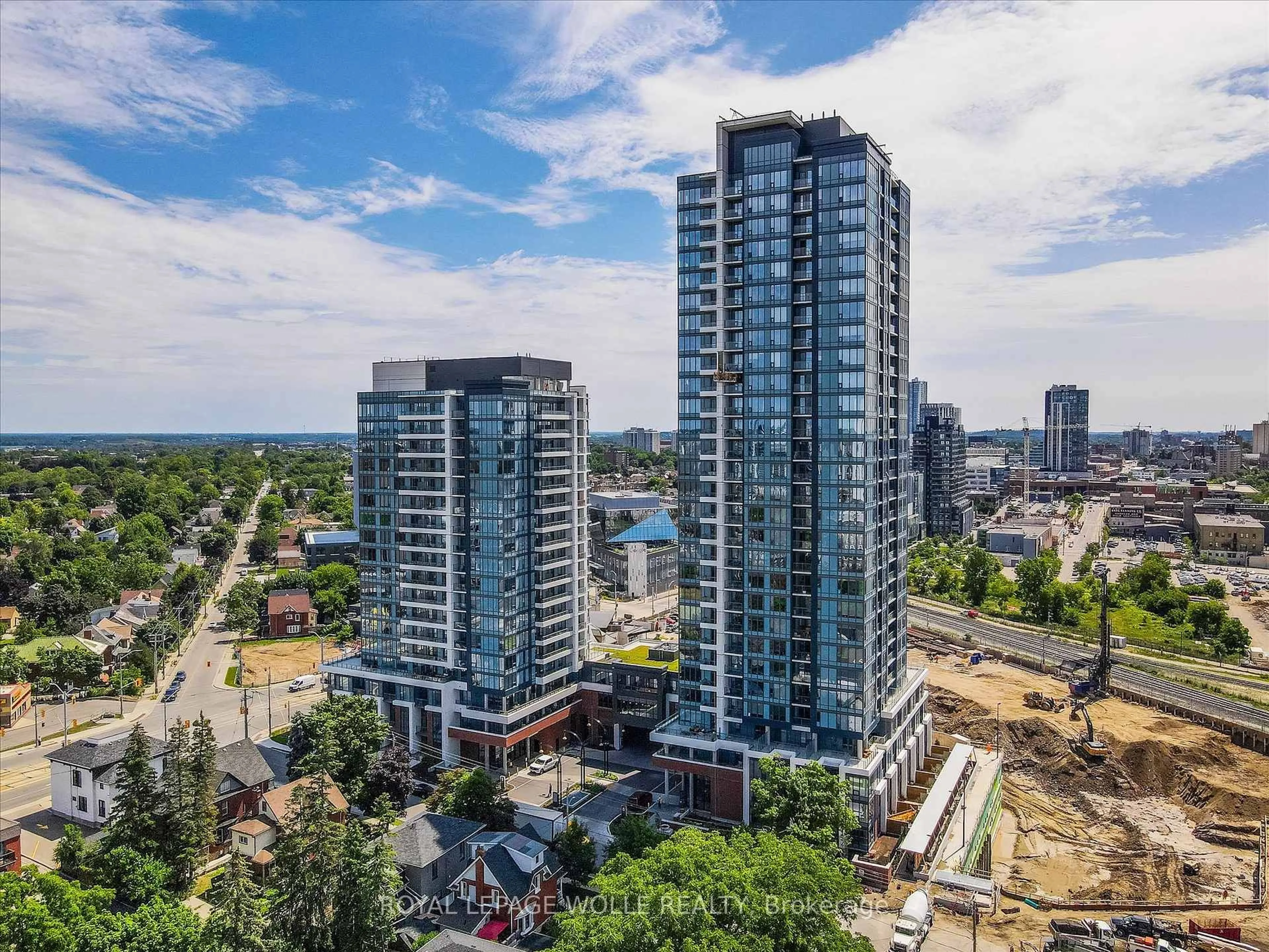 A pic from outside/outdoor area/front of a property/back of a property/a pic from drone, city buildings view from balcony for 15 Wellington St #909, Kitchener Ontario N2G 0E4
