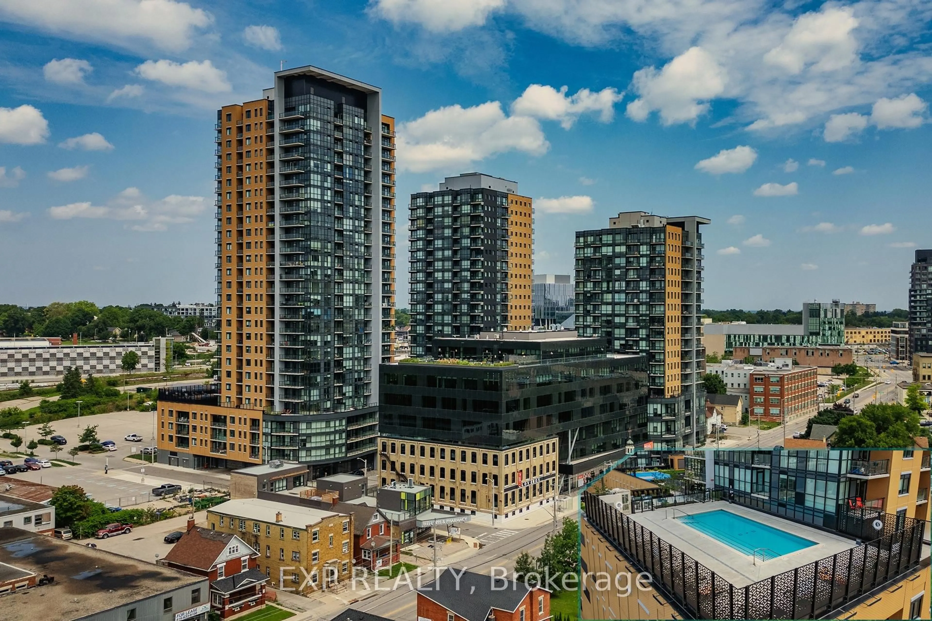 A pic from outside/outdoor area/front of a property/back of a property/a pic from drone, city buildings view from balcony for 108 Garment St #201, Kitchener Ontario N2G 0E2