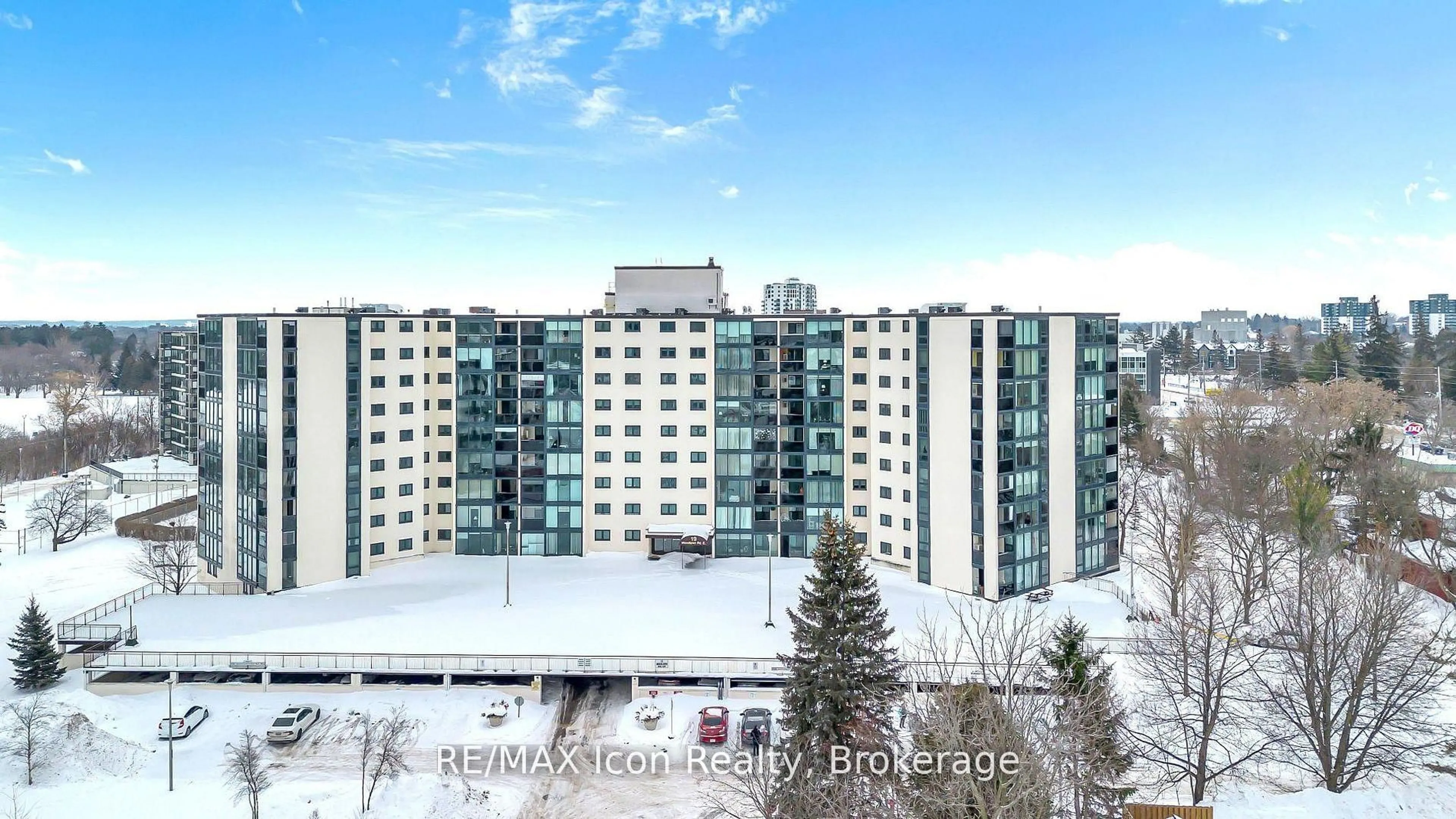A pic from outside/outdoor area/front of a property/back of a property/a pic from drone, city buildings view from balcony for 19 Woodlawn Rd #303, Guelph Ontario N1H 7B1