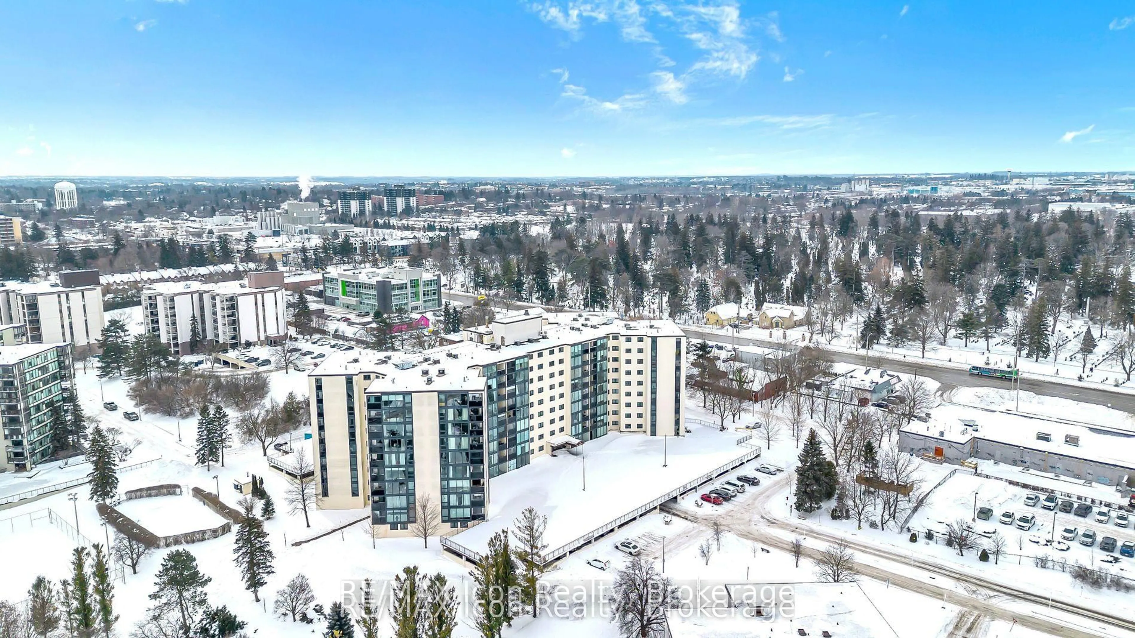 A pic from outside/outdoor area/front of a property/back of a property/a pic from drone, city buildings view from balcony for 19 Woodlawn Rd #303, Guelph Ontario N1H 7B1
