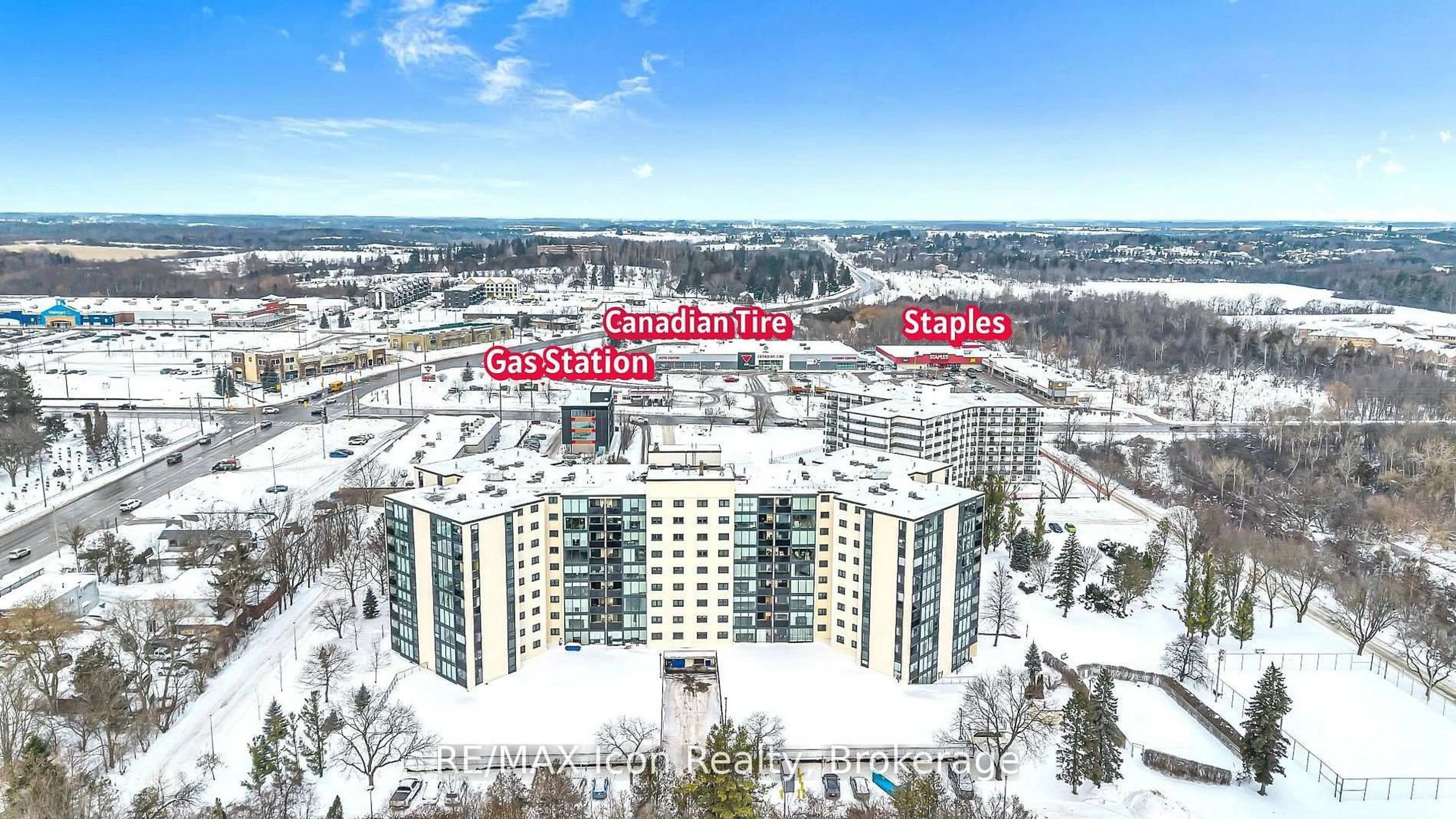 A pic from outside/outdoor area/front of a property/back of a property/a pic from drone, city buildings view from balcony for 19 Woodlawn Rd #303, Guelph Ontario N1H 7B1