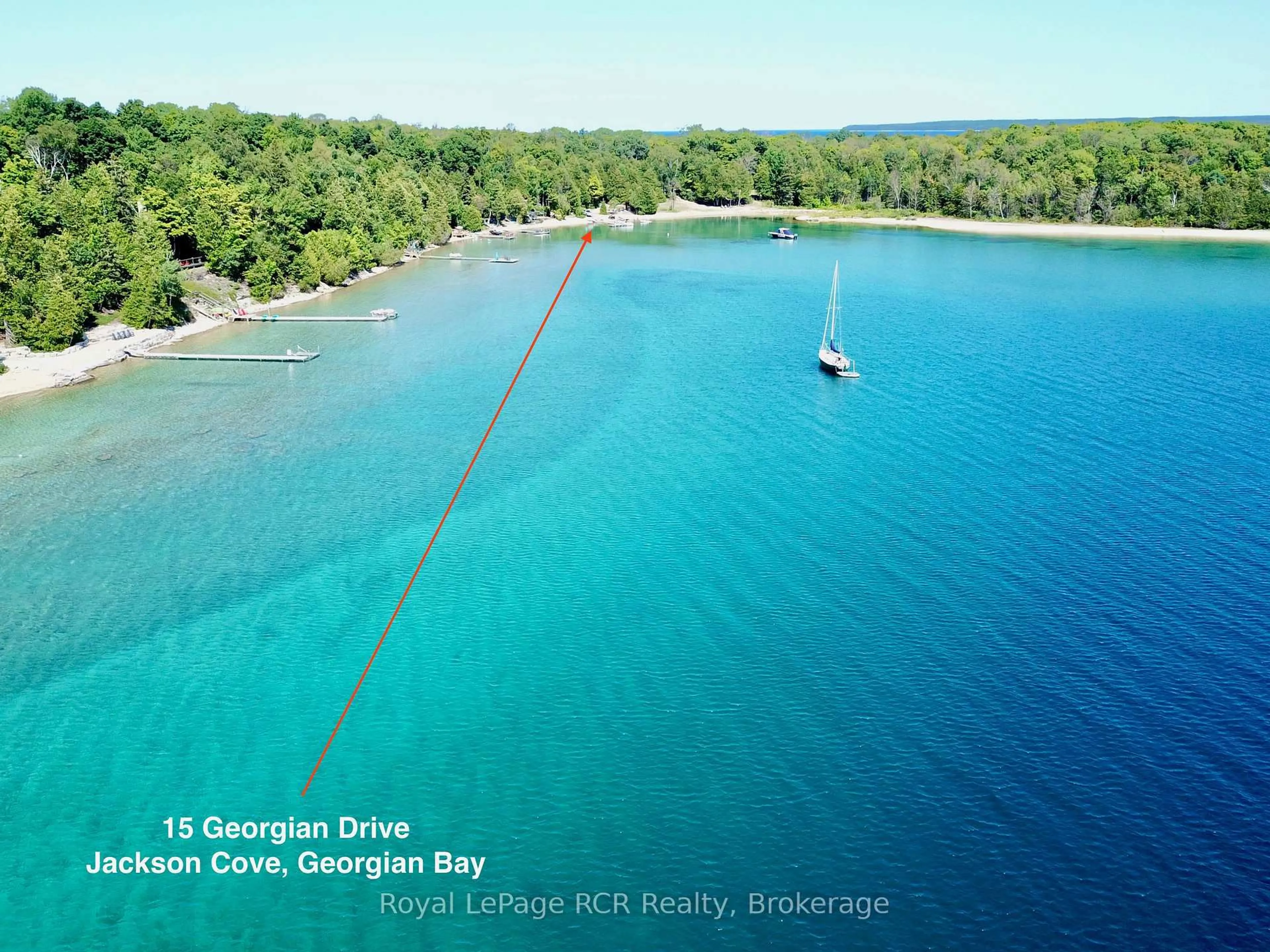 A pic from outside/outdoor area/front of a property/back of a property/a pic from drone, water/lake/river/ocean view for 15 Georgian Dr, Northern Bruce Peninsula Ontario N0H 1W0