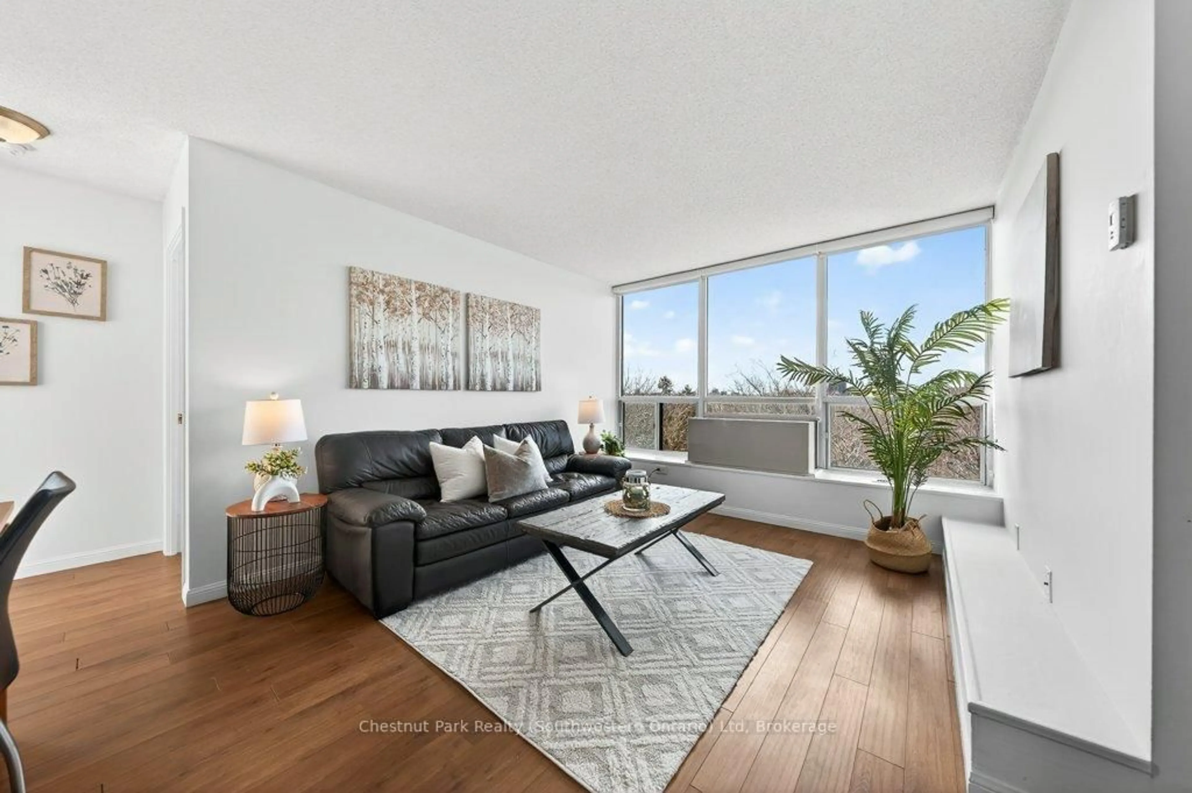 Living room with furniture, wood/laminate floor for 107 Bagot St #501, Guelph Ontario N1H 8H5