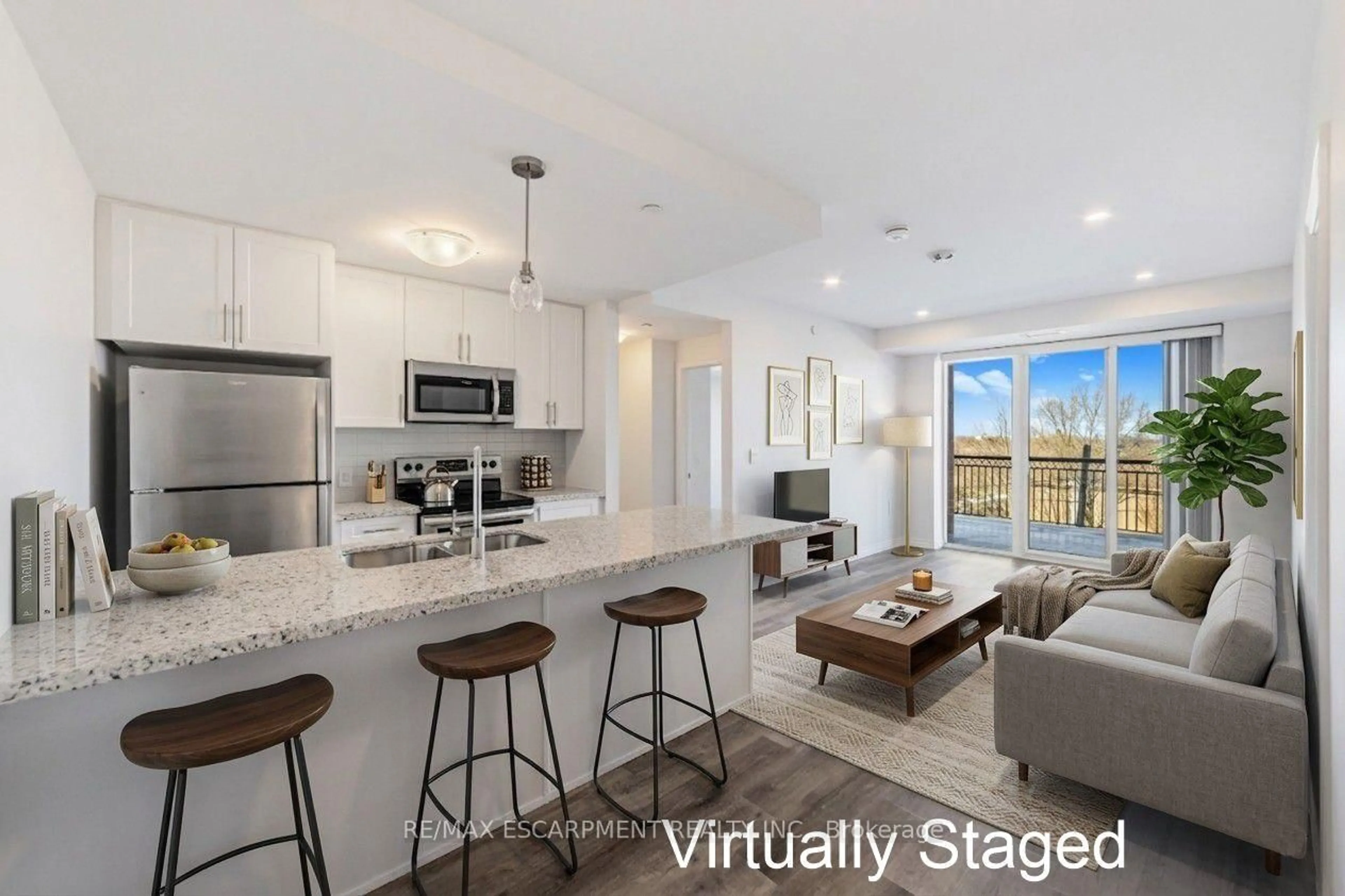 Open concept kitchen, ceramic/tile floor for 2750 King St #302, Hamilton Ontario L8G 1J4