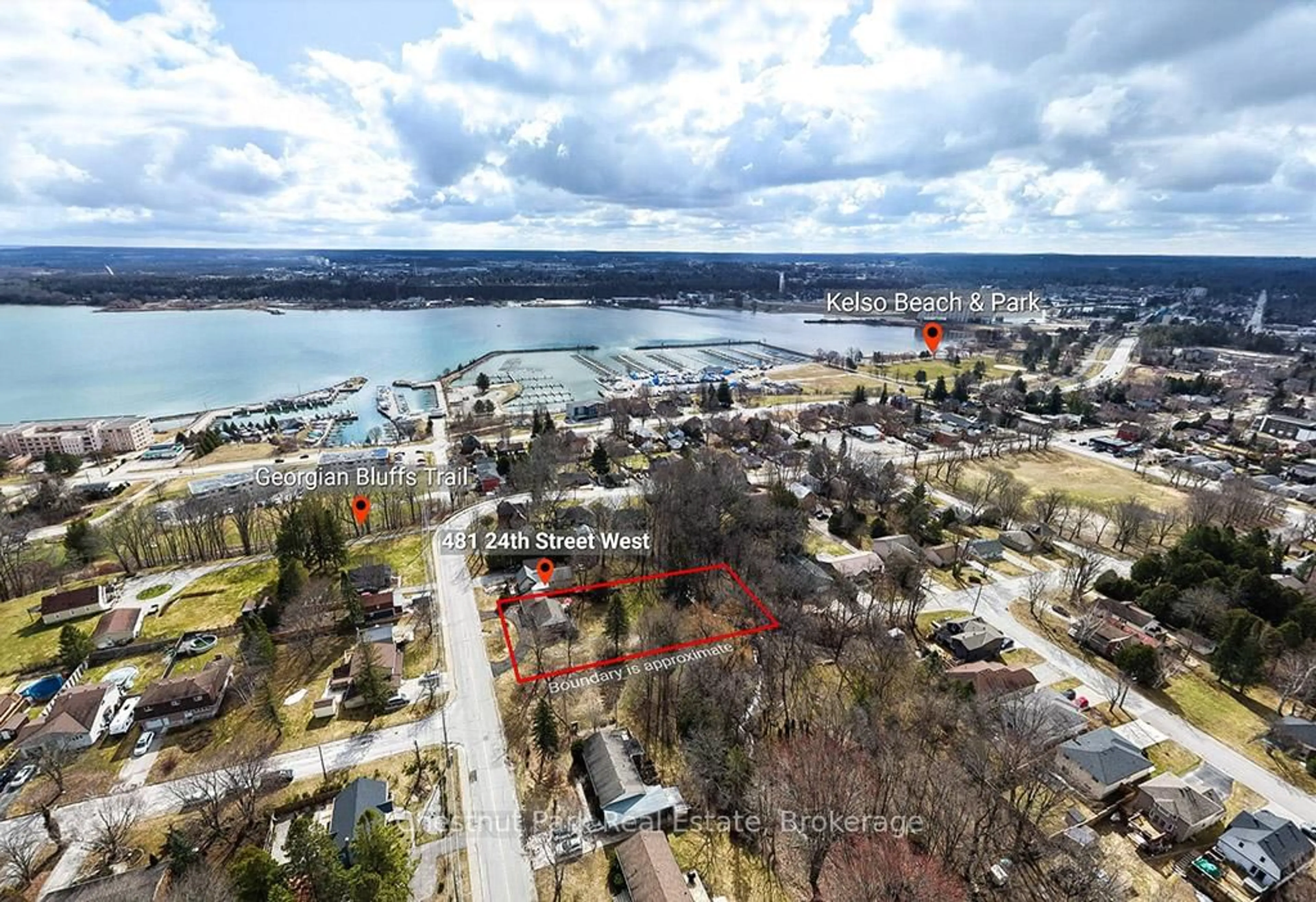 A pic from outside/outdoor area/front of a property/back of a property/a pic from drone, water/lake/river/ocean view for 481 24th St, Owen Sound Ontario N4K 4H9
