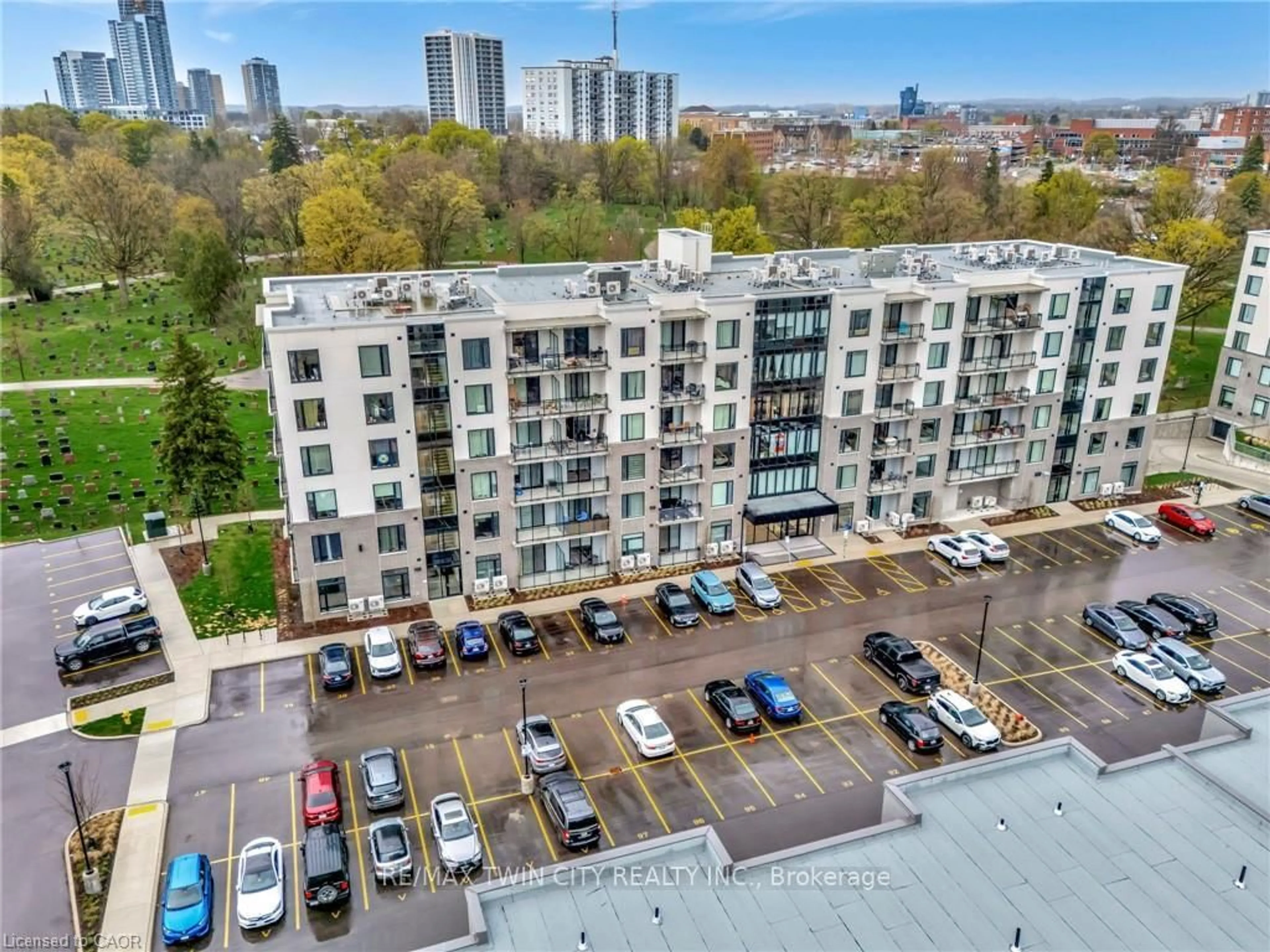 A pic from outside/outdoor area/front of a property/back of a property/a pic from drone, city buildings view from balcony for 107 Roger St #516, Waterloo Ontario N2J 0G3