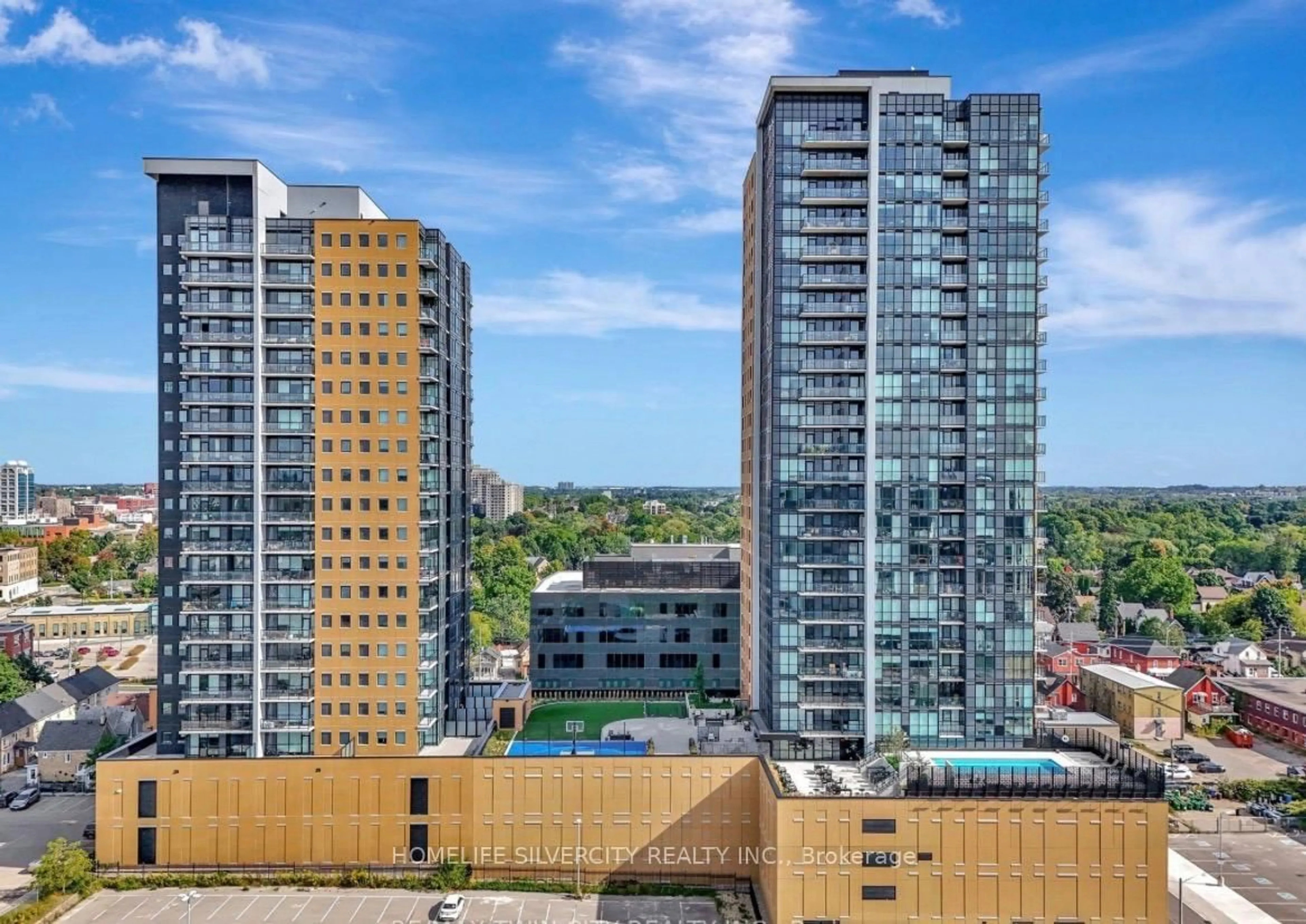 A pic from outside/outdoor area/front of a property/back of a property/a pic from drone, city buildings view from balcony for 104 Garment St #1003, Kitchener Ontario N2G 0C8