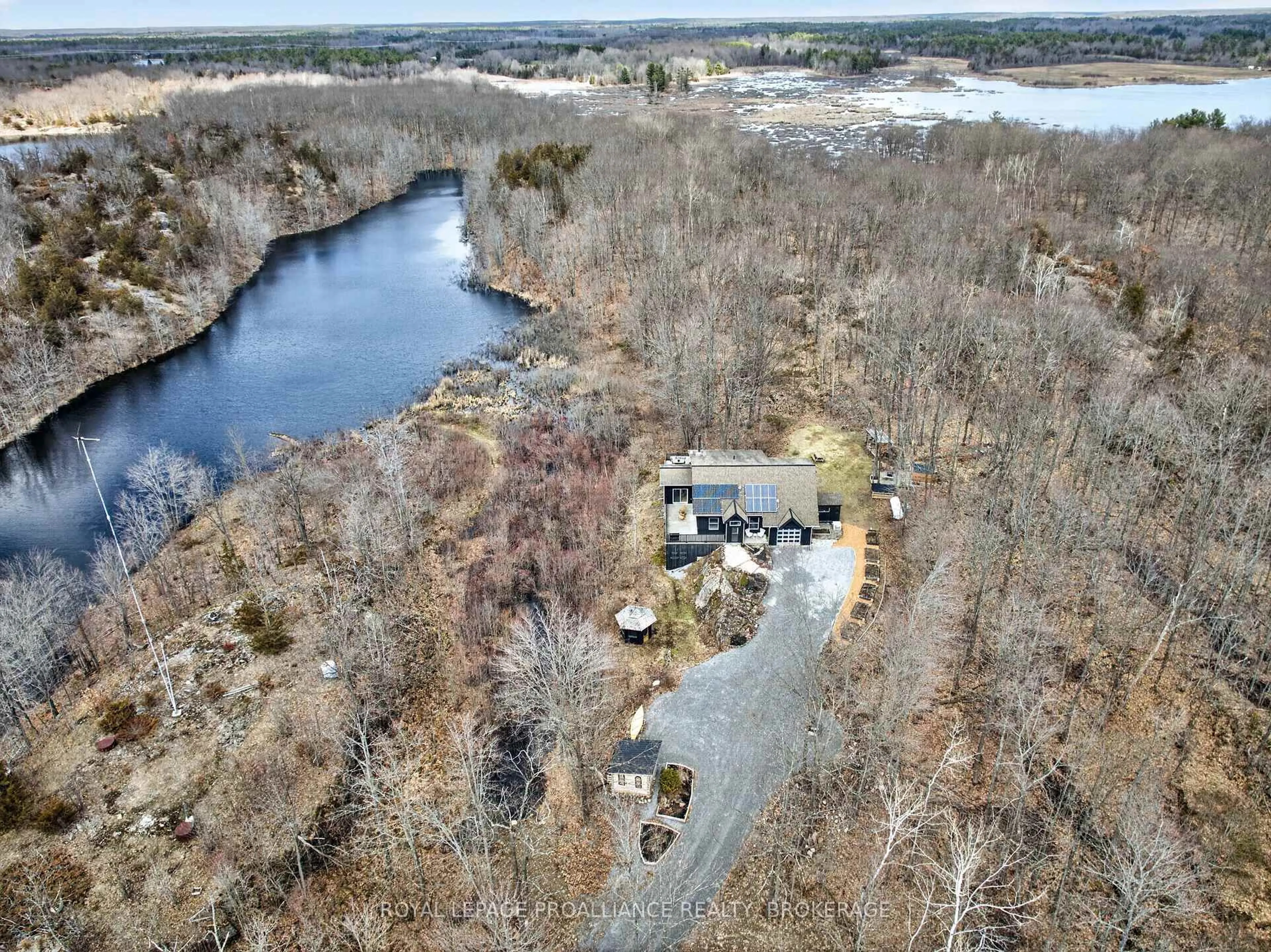 A pic from outside/outdoor area/front of a property/back of a property/a pic from drone, water/lake/river/ocean view for 5025 North Shore Rd, Perth Road Ontario K0H 2L0