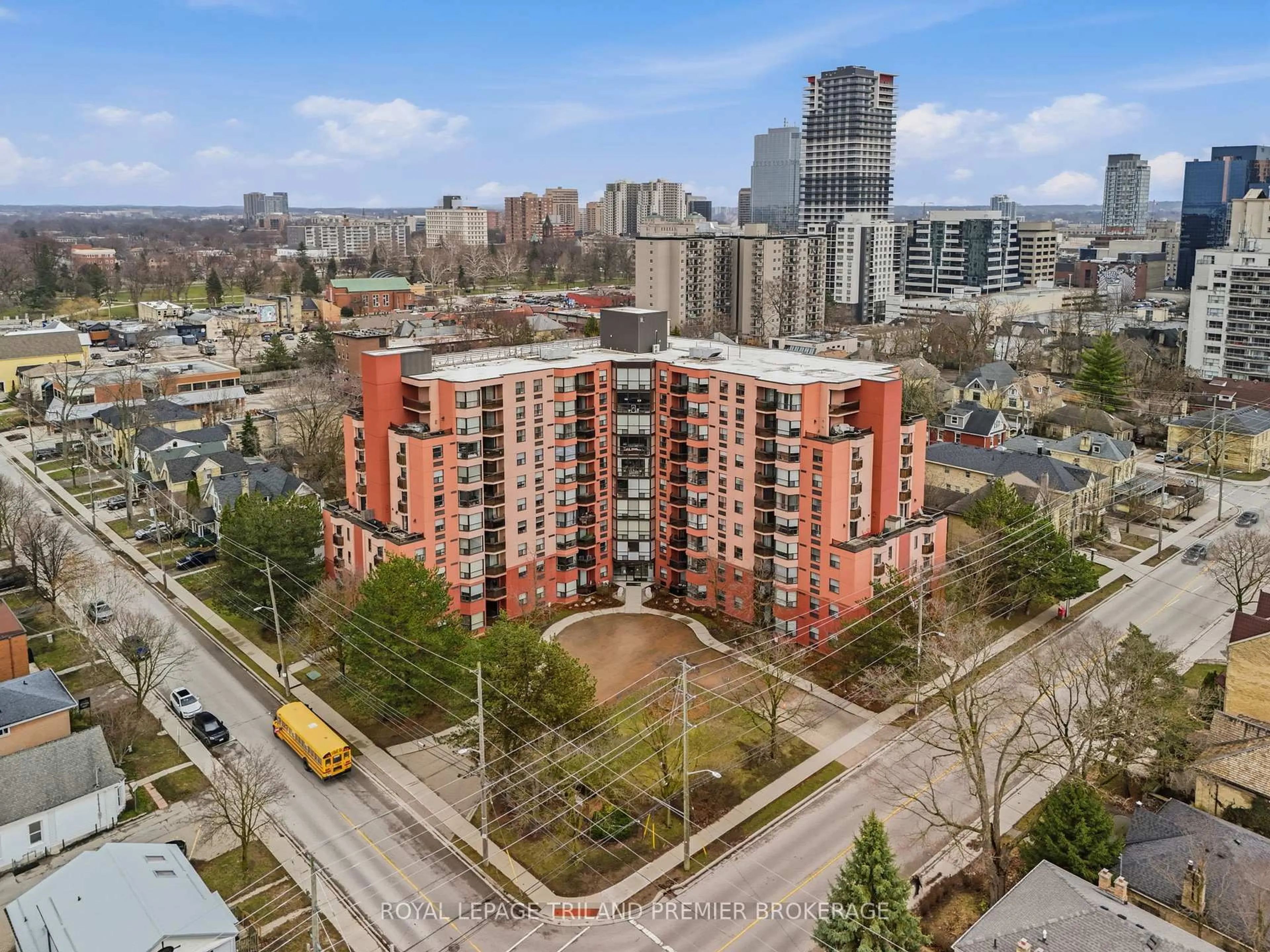 A pic from outside/outdoor area/front of a property/back of a property/a pic from drone, city buildings view from balcony for 600 Talbot St #1004, London East Ontario N6A 5L9