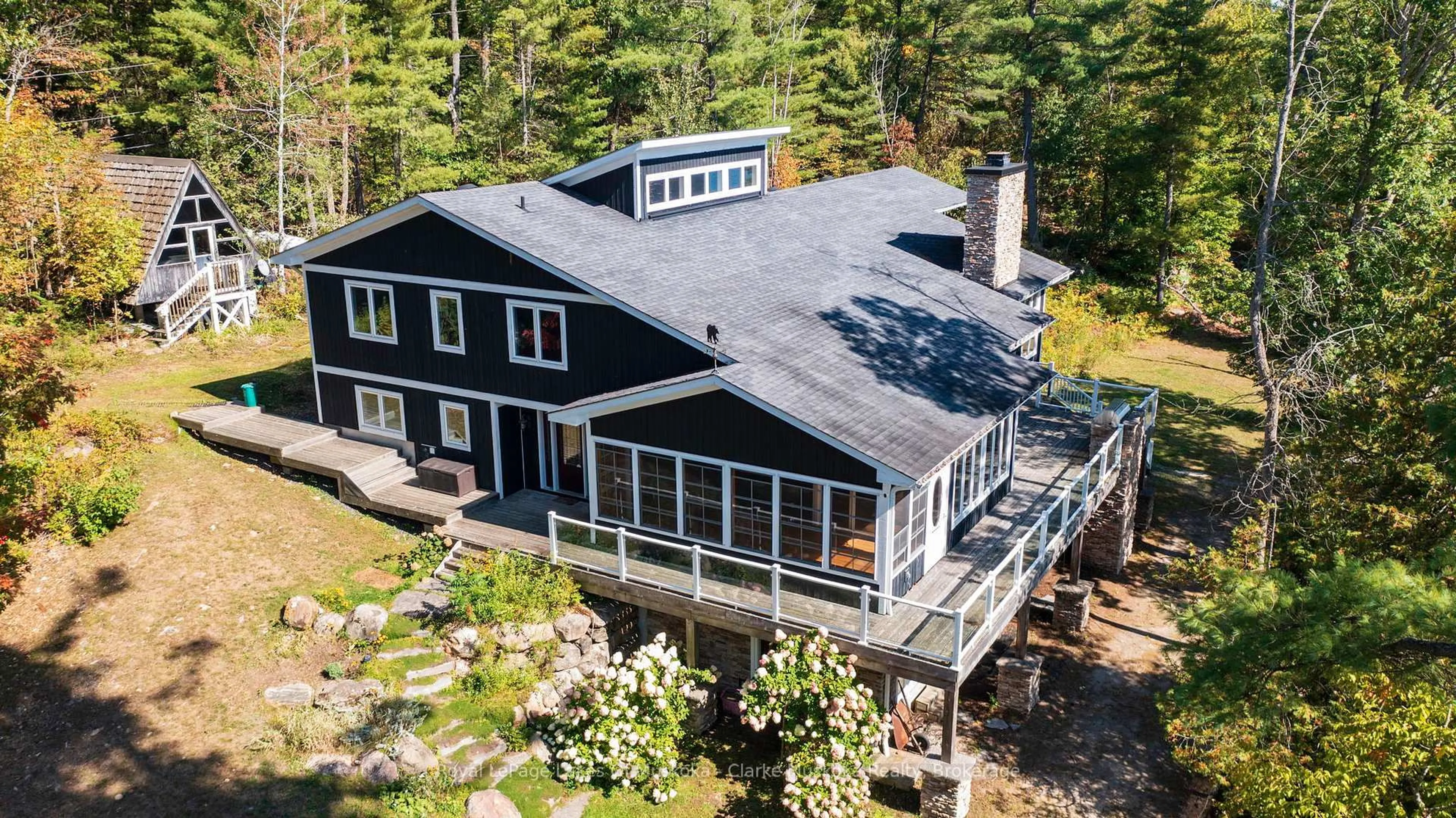 A pic from outside/outdoor area/front of a property/back of a property/a pic from drone, water/lake/river/ocean view for 1064 Road 3200 & 0 Parkers Point Road, Gravenhurst Ontario P1P 1R2