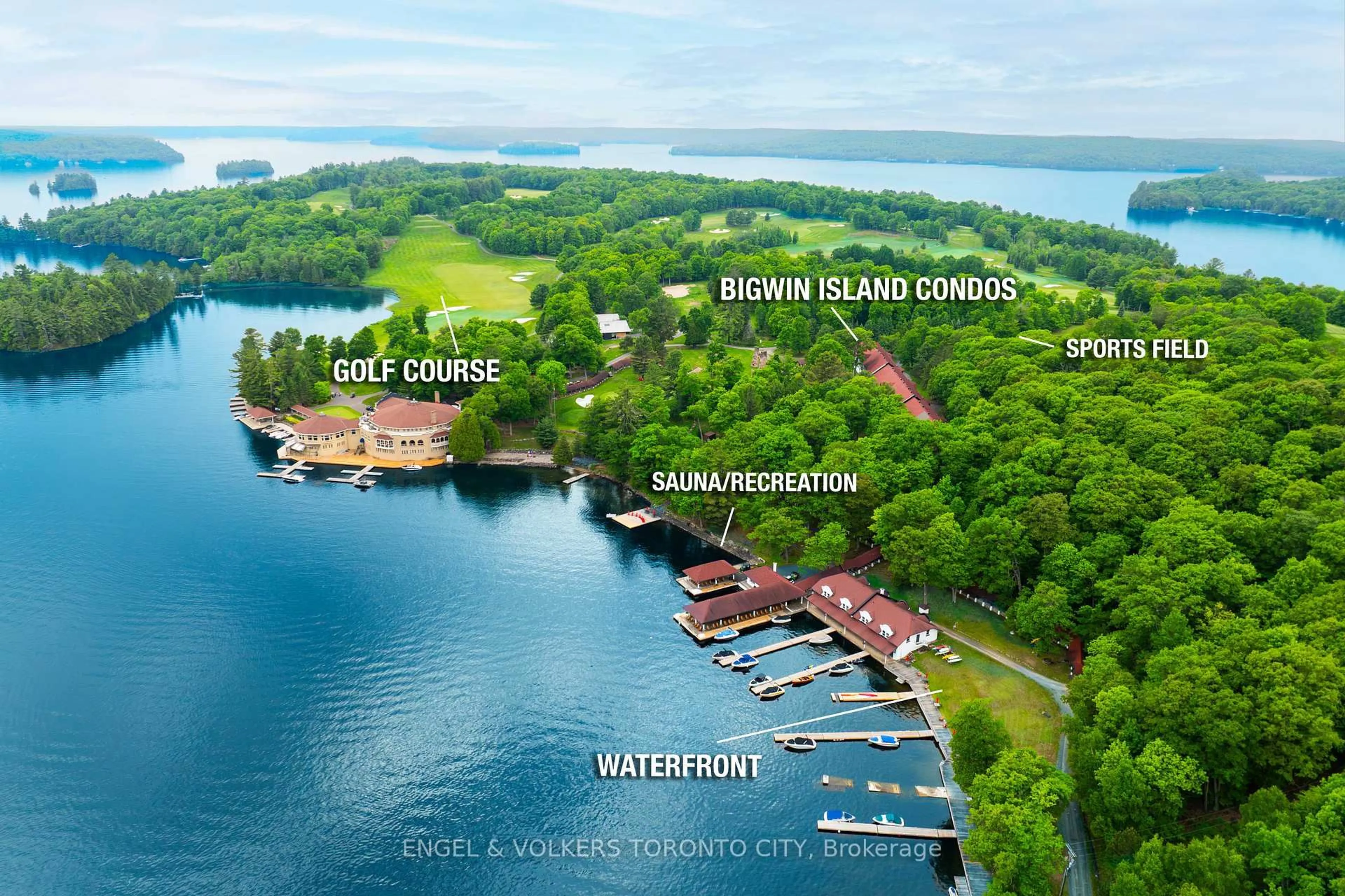 A pic from outside/outdoor area/front of a property/back of a property/a pic from drone, water/lake/river/ocean view for 12 Bigwin Island #319, Lake of Bays Ontario P0B 1A0