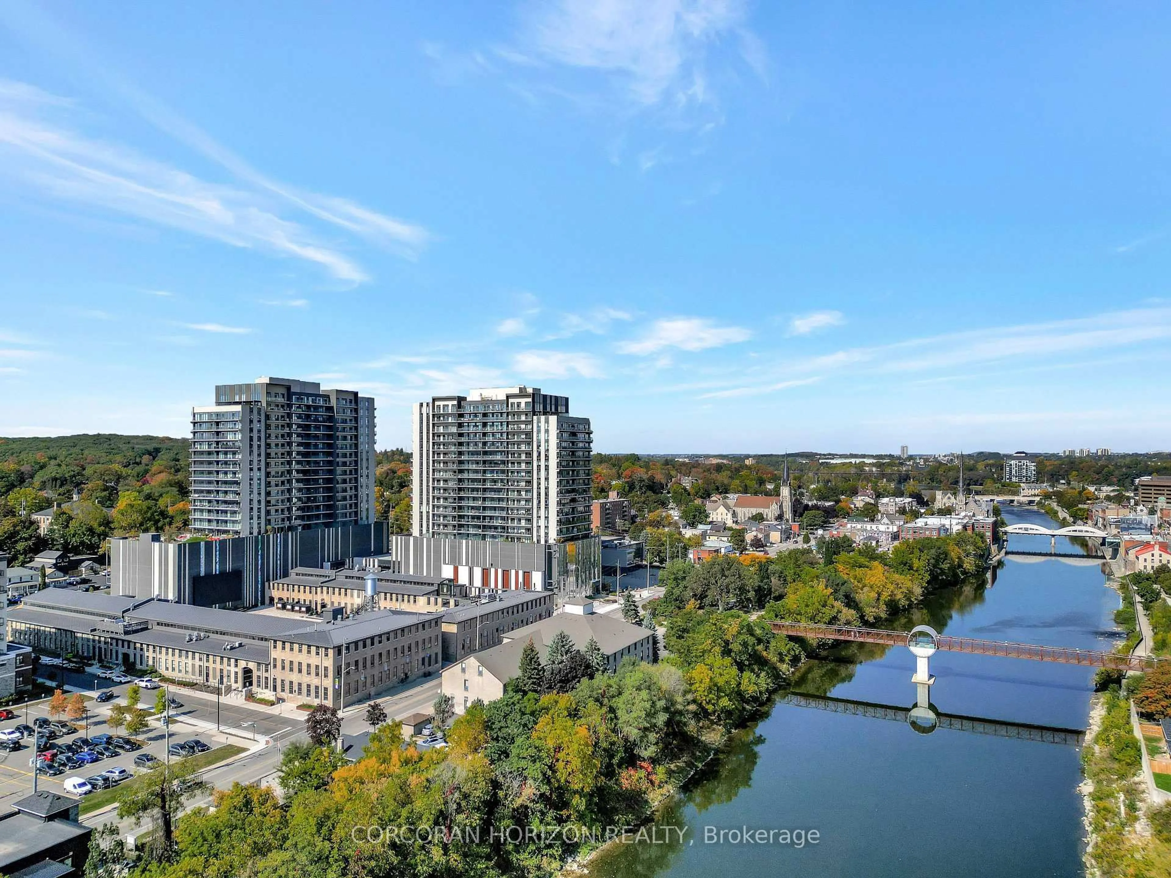 A pic from outside/outdoor area/front of a property/back of a property/a pic from drone, city buildings view from balcony for 15 Glebe St #802, Cambridge Ontario N1S 0C3