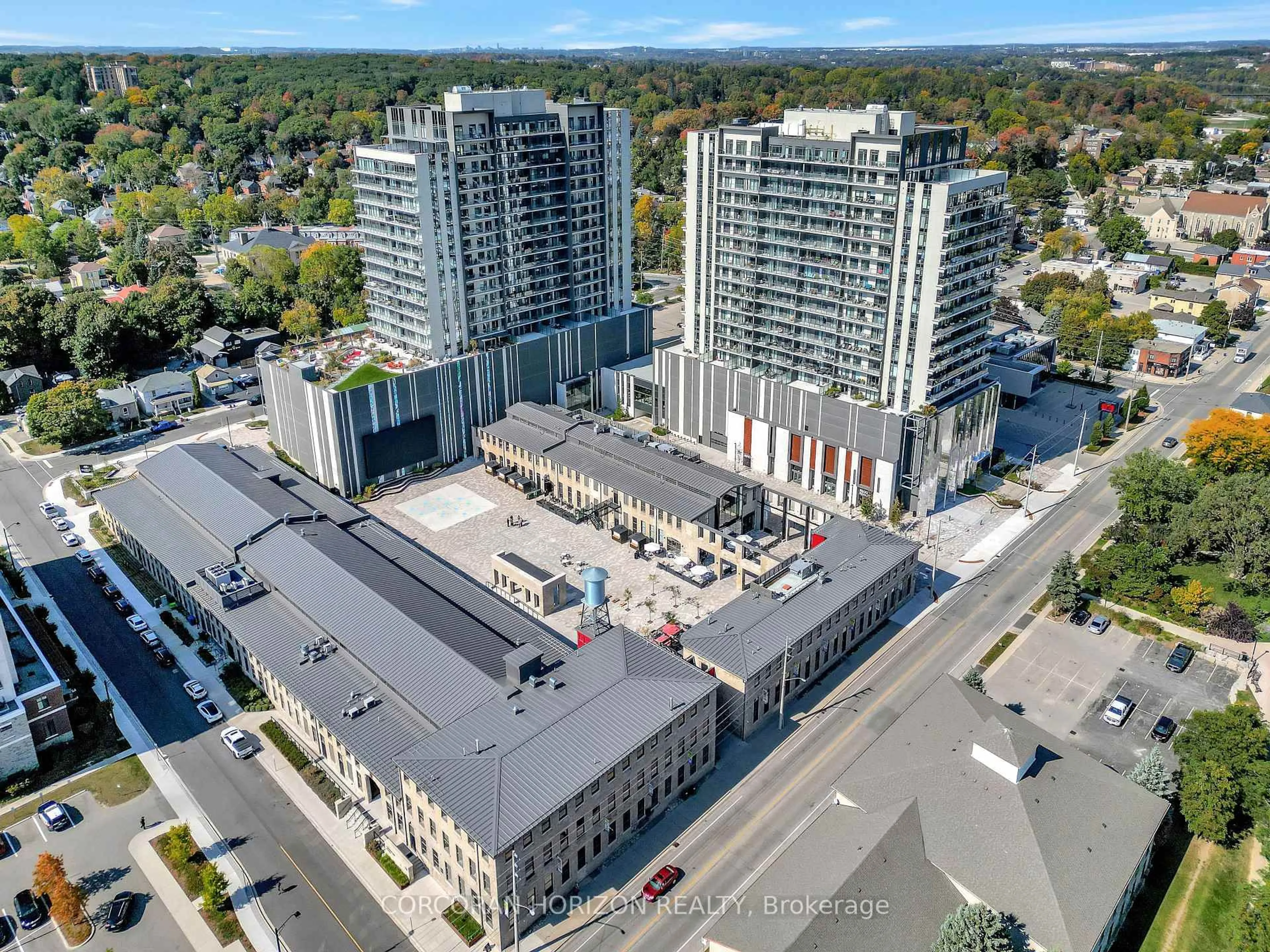 A pic from outside/outdoor area/front of a property/back of a property/a pic from drone, city buildings view from balcony for 15 Glebe St #802, Cambridge Ontario N1S 0C3